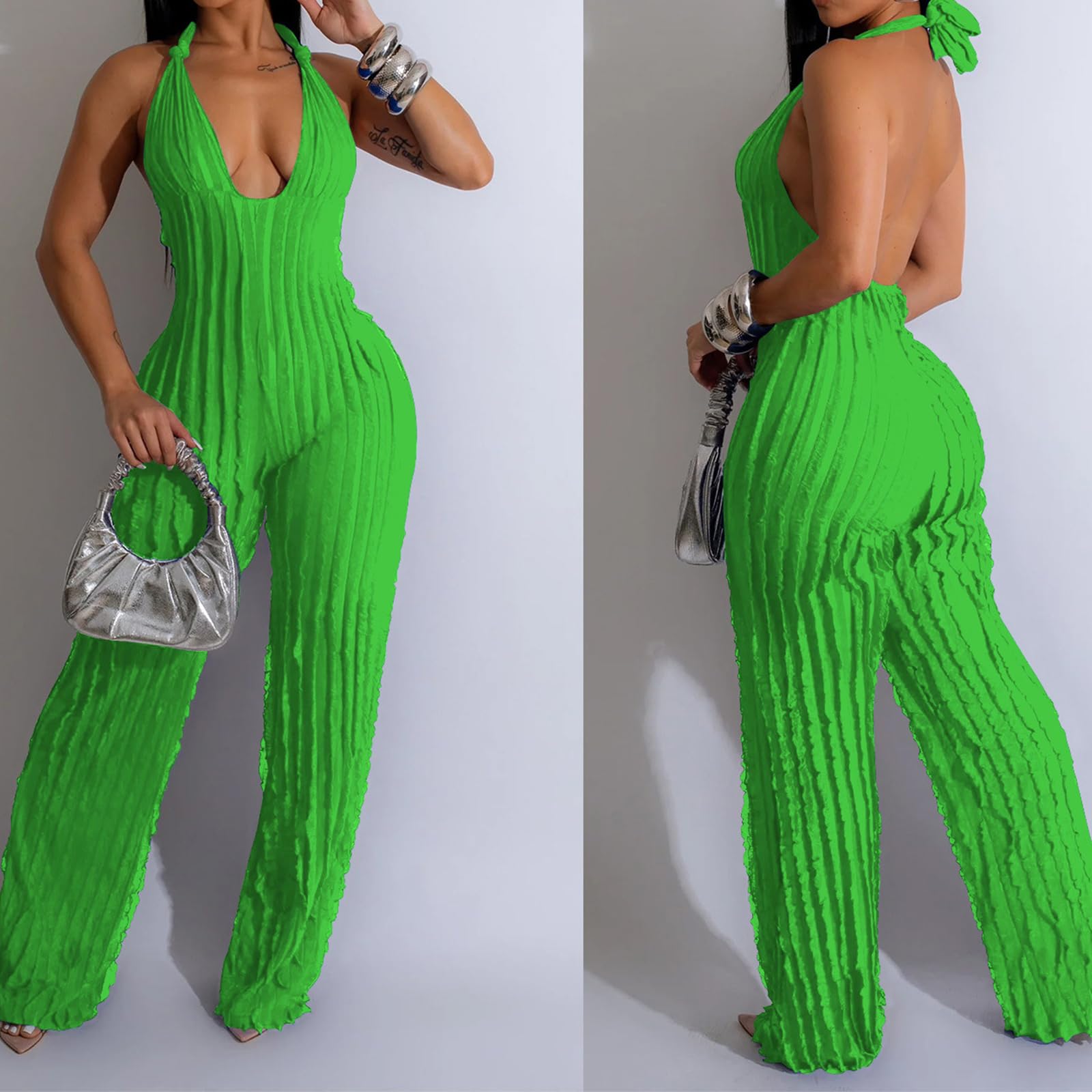 YBSKG Summer Halter Backless Jumpsuits for Women One Piece Wide Long Pants | Sexy See Through V Neck Tie Pleated One Piece Wide Leg Long Pants Romper