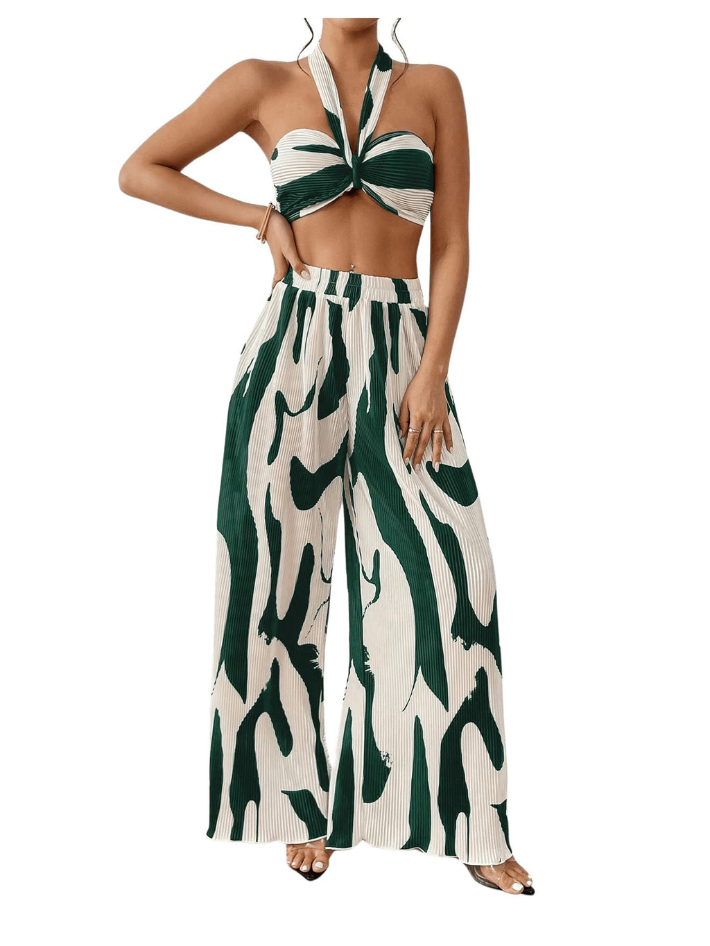 OYOANGLE Women's 2 Piece Graphic Halter Top Wide Leg Pants Vacation Outfits | Knitted, Sleeveless, Crop, High Waist, Beach Club, Summer Sets, Sexy Resort Wear