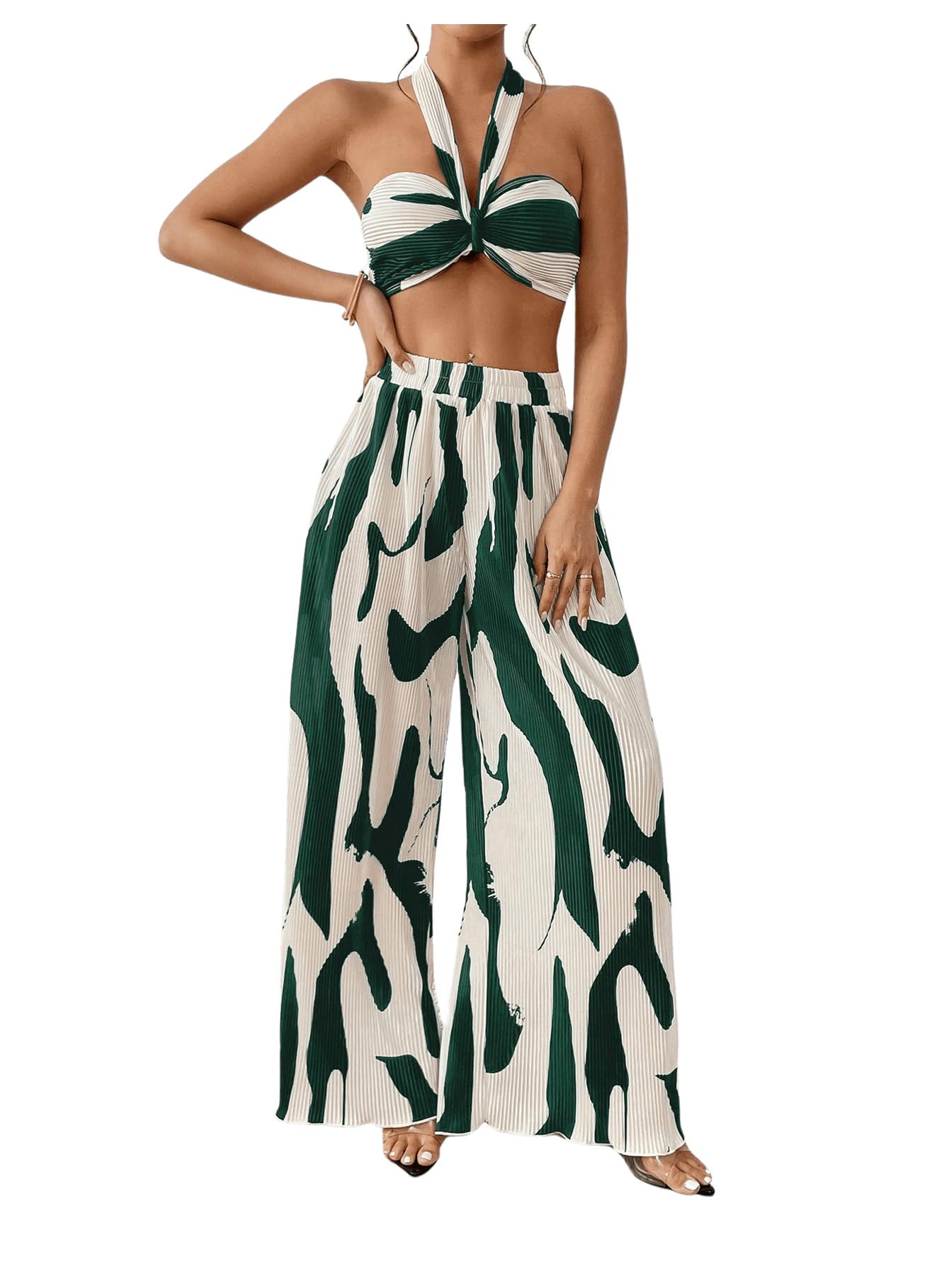 OYOANGLE Women's 2 Piece Graphic Halter Top Wide Leg Pants Vacation Outfits | Knitted, Sleeveless, Crop, High Waist, Beach Club, Summer Sets, Sexy Resort Wear