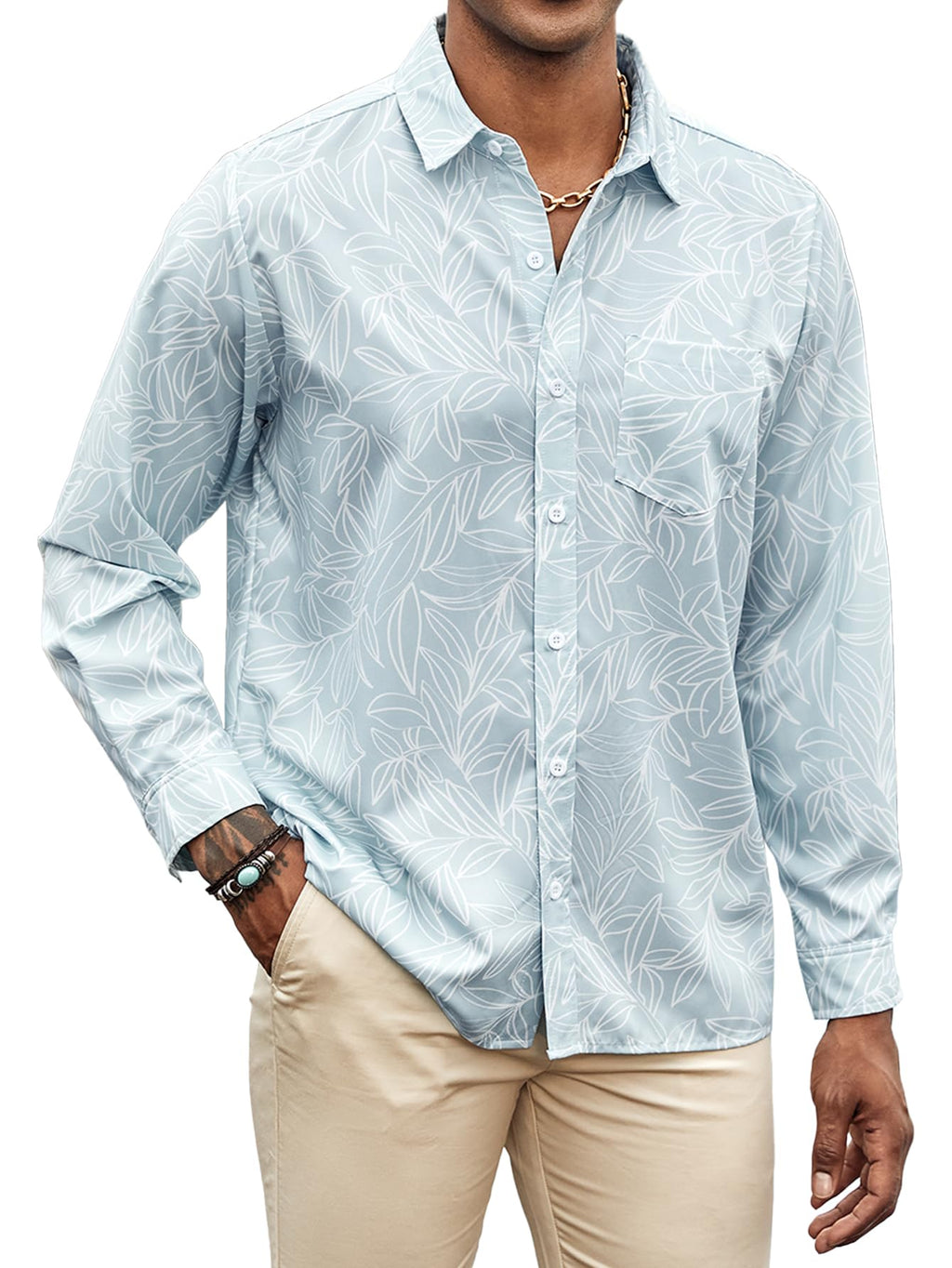 Hardaddy Men's Tropical Floral Button Down Long Sleeve Hawaiian Shirt Flower Printed Beach Shirts