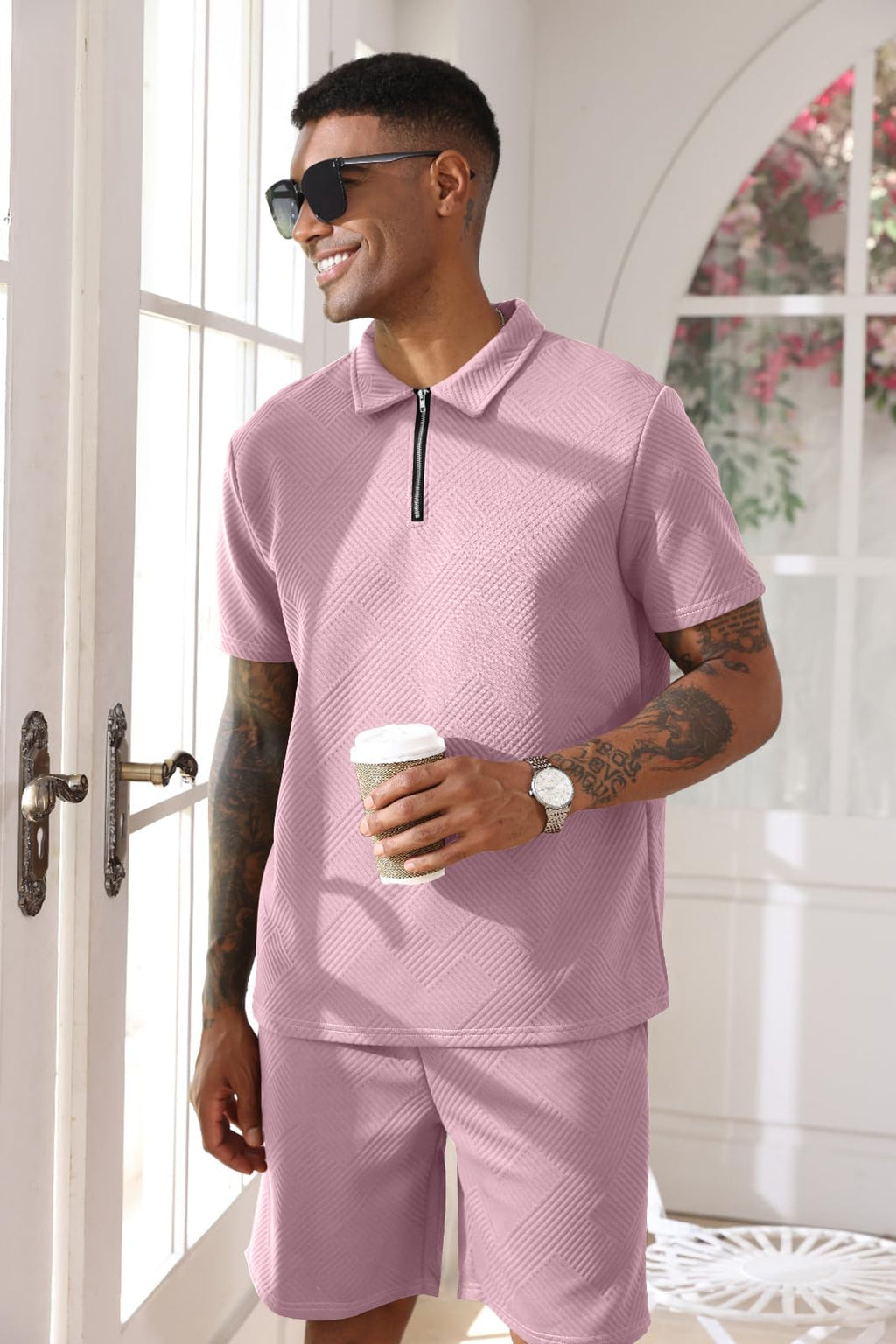 Aulemen Mens 2 Piece Zip Tracksuit Short Sleeve Set Summer Outfits for Men | Polo Shirt and Shorts Sets Activewear Short Set