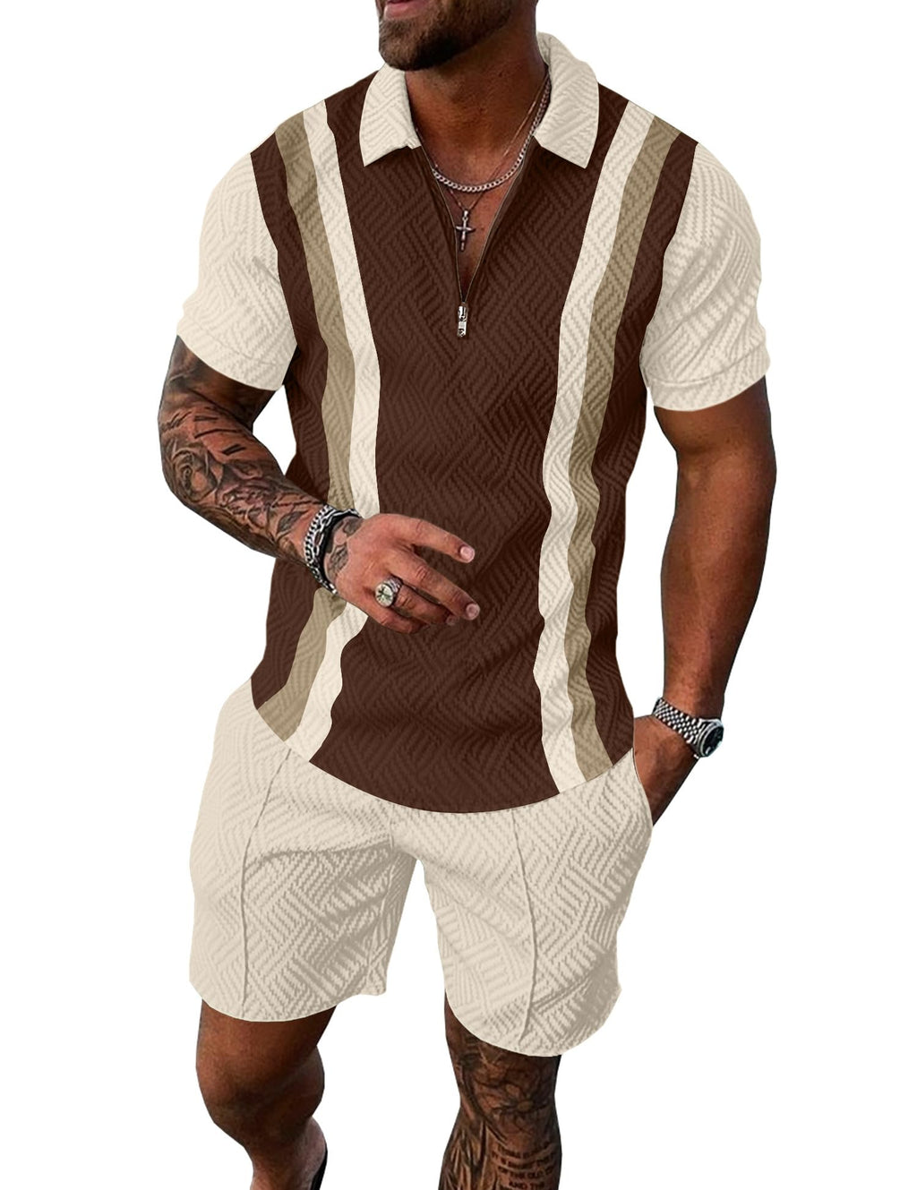 Mens Summer Track Suits 2 Piece Shorts Sets Short Sleeve Sweatsuit Outfits 1/4 Zip Golf Polo Splicing Striped Shirts