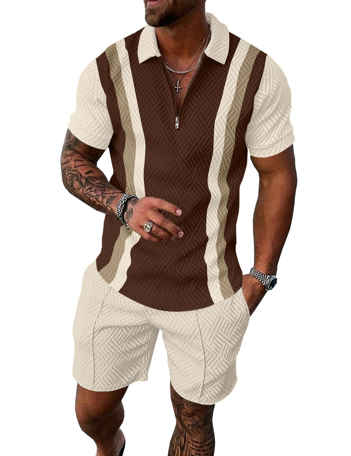 Mens Summer Track Suits 2 Piece Shorts Sets Short Sleeve Sweatsuit Outfits 1/4 Zip Golf Polo Splicing Striped Shirts