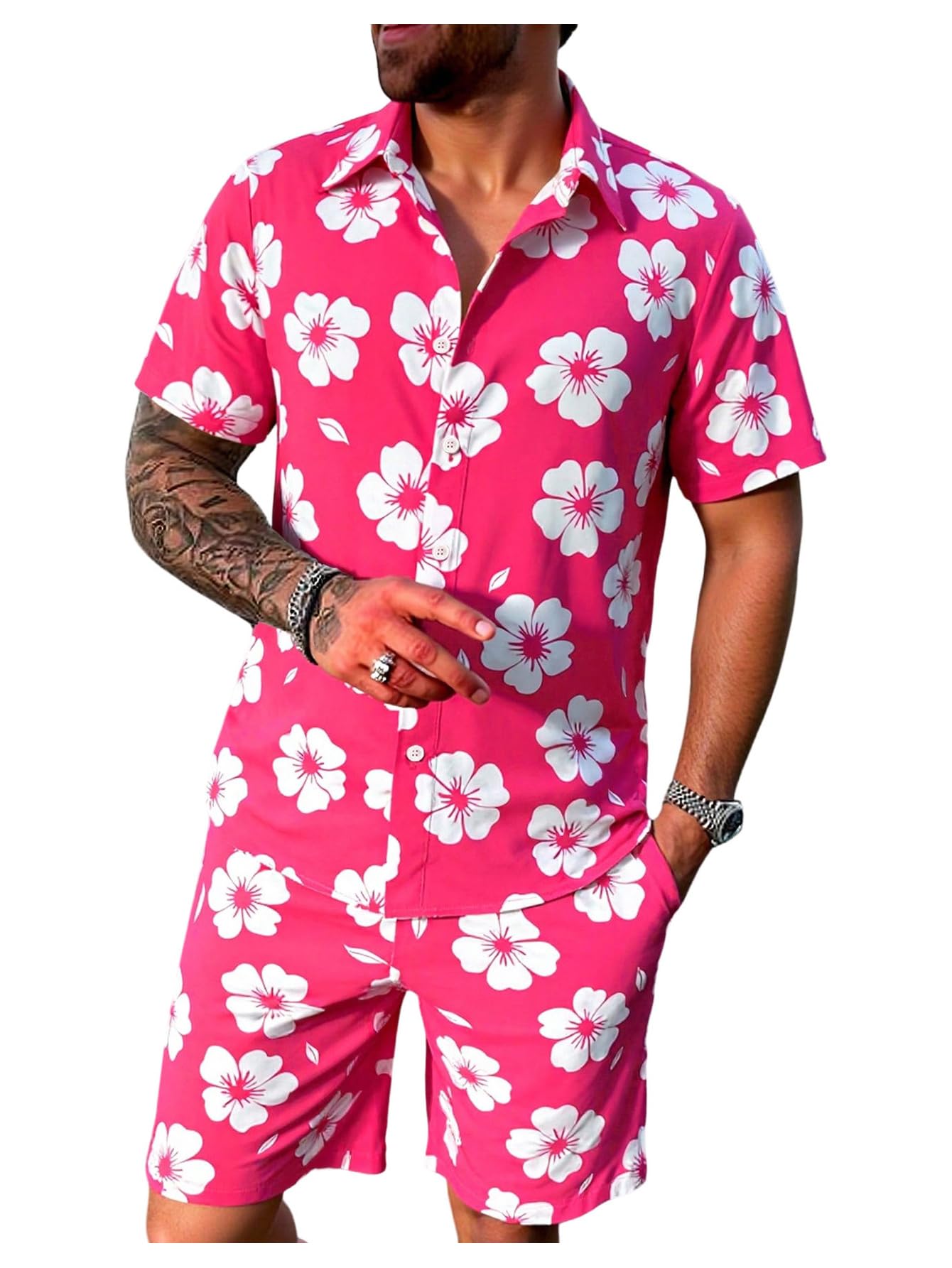 GORGLITTER Men's Cruise Rave Vacation Matching Outfits 2 Piece Short Sets | Mens Summer Beach Outfits, 2 Piece Shorts Set, Couples Travel Outfits, Hawaiian Shirts
