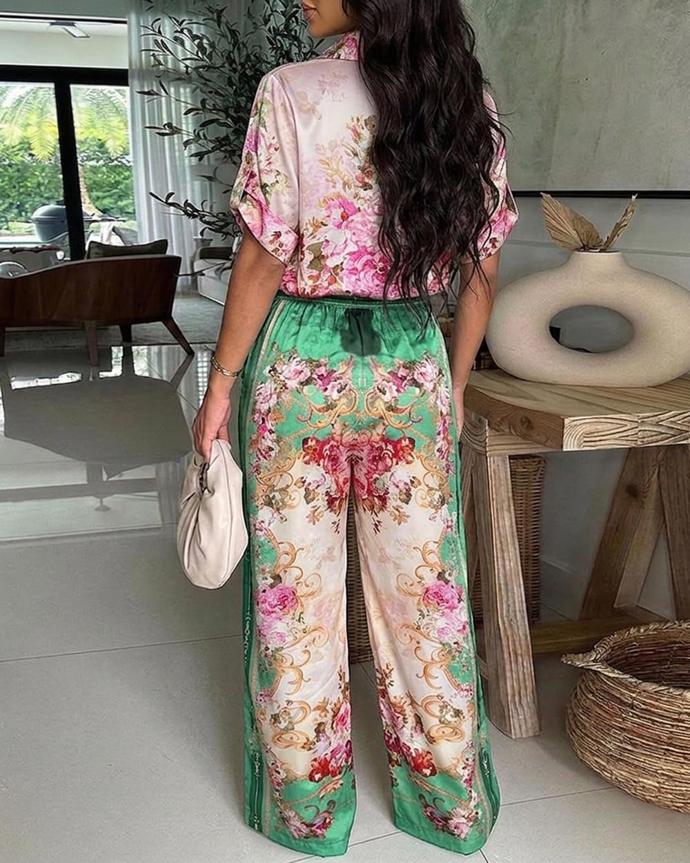 CHICME Womens Jumpsuit Boho Floral Wide Leg Vacation Outfit | Long Pant Rompers with Pockets,Roll Up Short Sleeve,Button Front,Drawstring High Waist,One Piece,Casual,Summer Beach