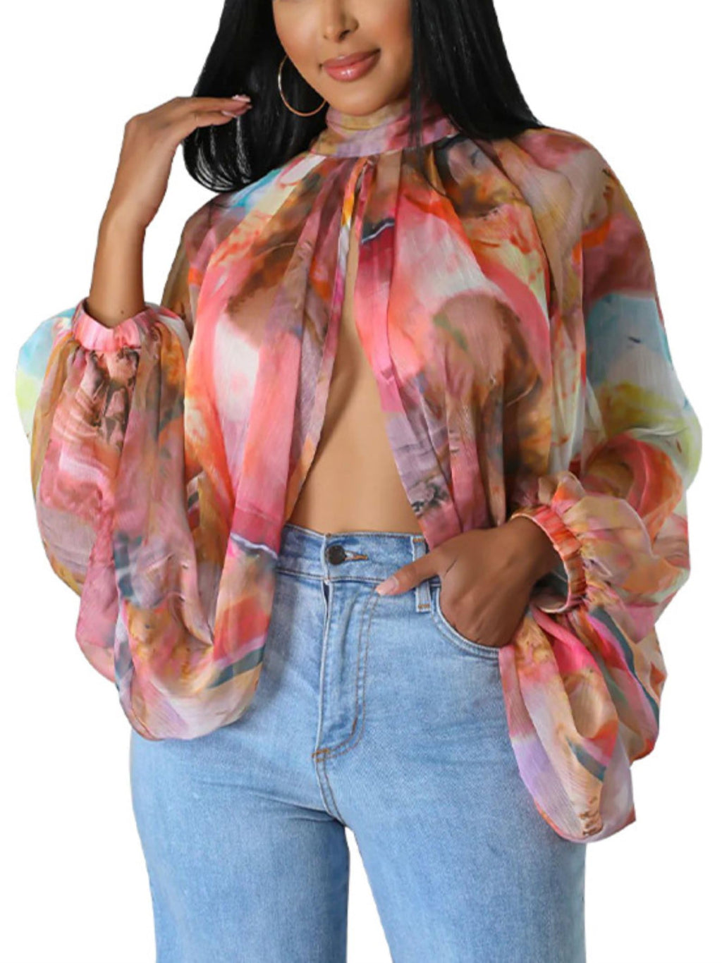 Sexy Tops for Women Party Club Night Batwing Sleeve Chiffon Blouse | Floral Print Blouse Shirts,Puff Sleeve,Going out Tops,Front Open Style,Lantern Sleeve Boho Chiffon Fall Tops 2026