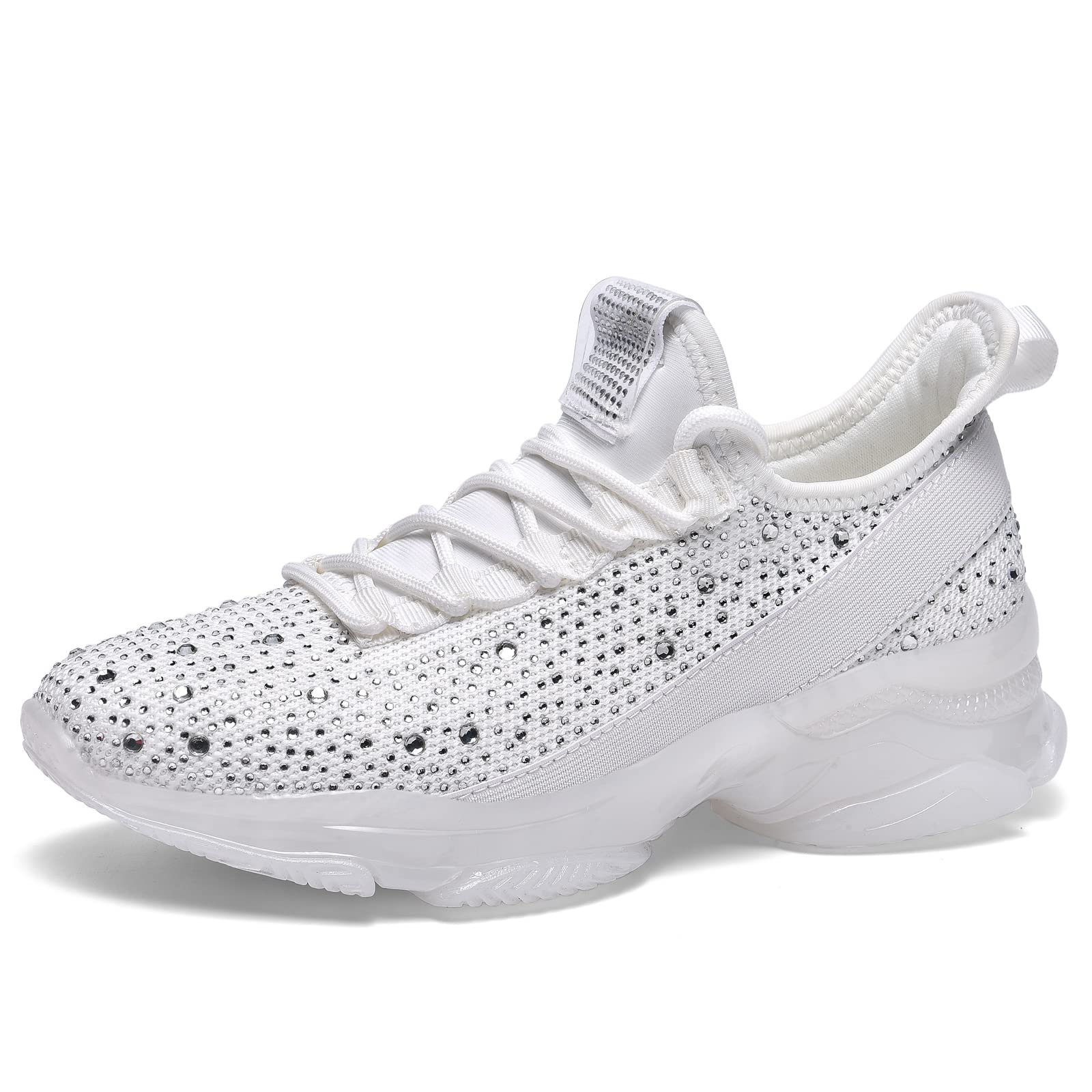 BELOS Women Rhinestone Mesh Slip On Walking Shoes | Fashion Breathable Spakle Glitter Sneaker