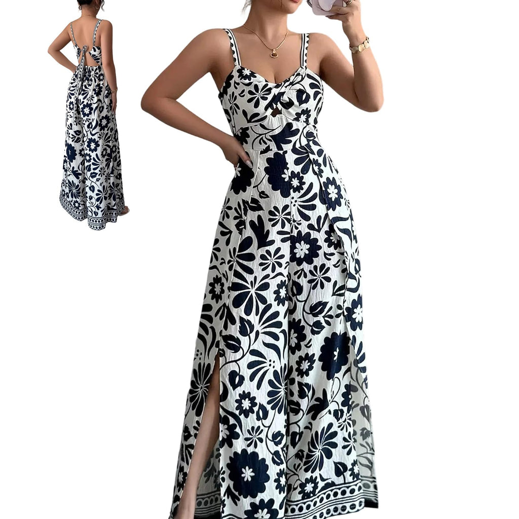 Women's Floral Wide Leg Jumpsuit Sleeveless Backless Side Slit Romper | Women's Floral Wide Leg Jumpsuit, Sleeveless Backless Slub-Textured Romper with Side Slits for Summer Beach Vacation