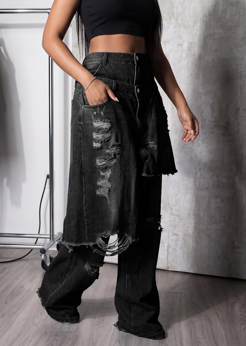 LKOUS Women's Ripped Baggy Jeans High Waist Wide Leg Patchwork Streetwear | Distressed, cutout, Y2K, hip hop, stretchy, soft, pocket, casual, concert, vintage. Machine wash