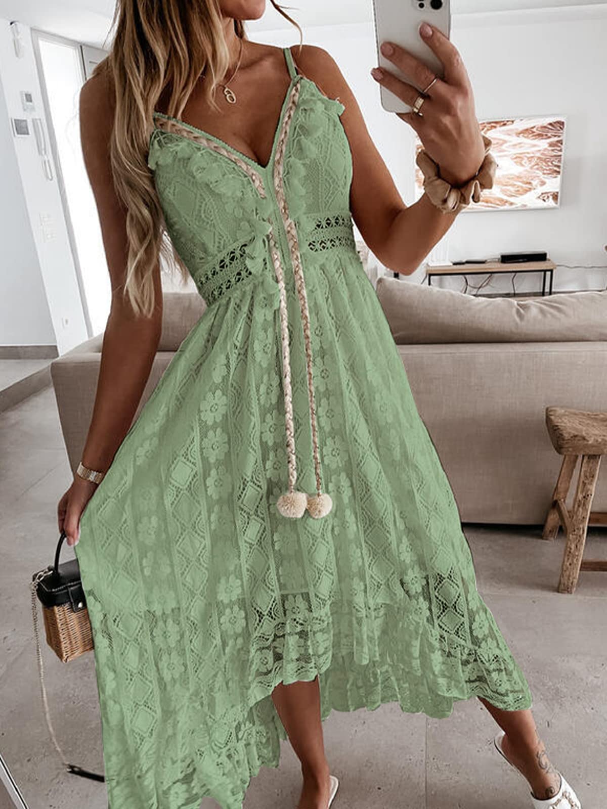 CUPSHE Womens Lace Summer Maxi Dresses 2026 Beach Wear | V Neck Spaghetti Straps Sundress, Tassel, Boho Pom Poms, Flowy Vacation Outfits, Resort Wear, Graduation Wedding Guest Looks