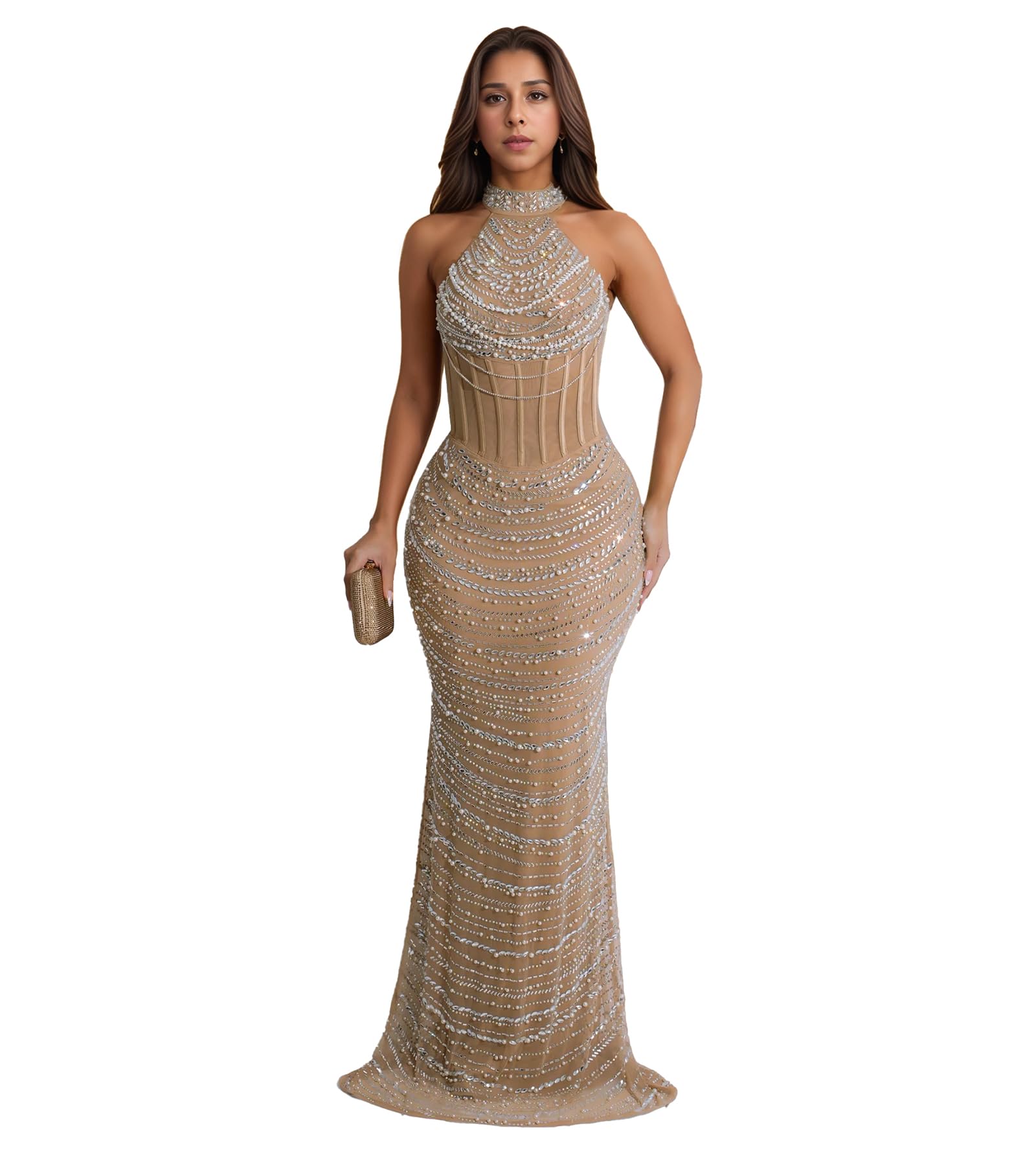 PORRCEY Women's Sexy Elegant Rhinestone Bodycon Dress Hot Drilling Clubwear