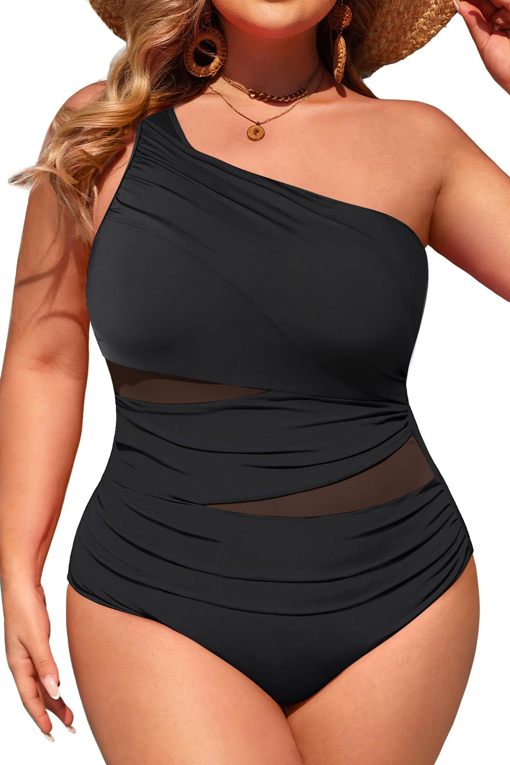 Plus Size One Piece Swimsuit for Women - One Shoulder Bathing Suit | Removable and Adjustable Strap, Detachable pads, Flatter midsection via front mesh, Drape diagonal folds to hide bulk