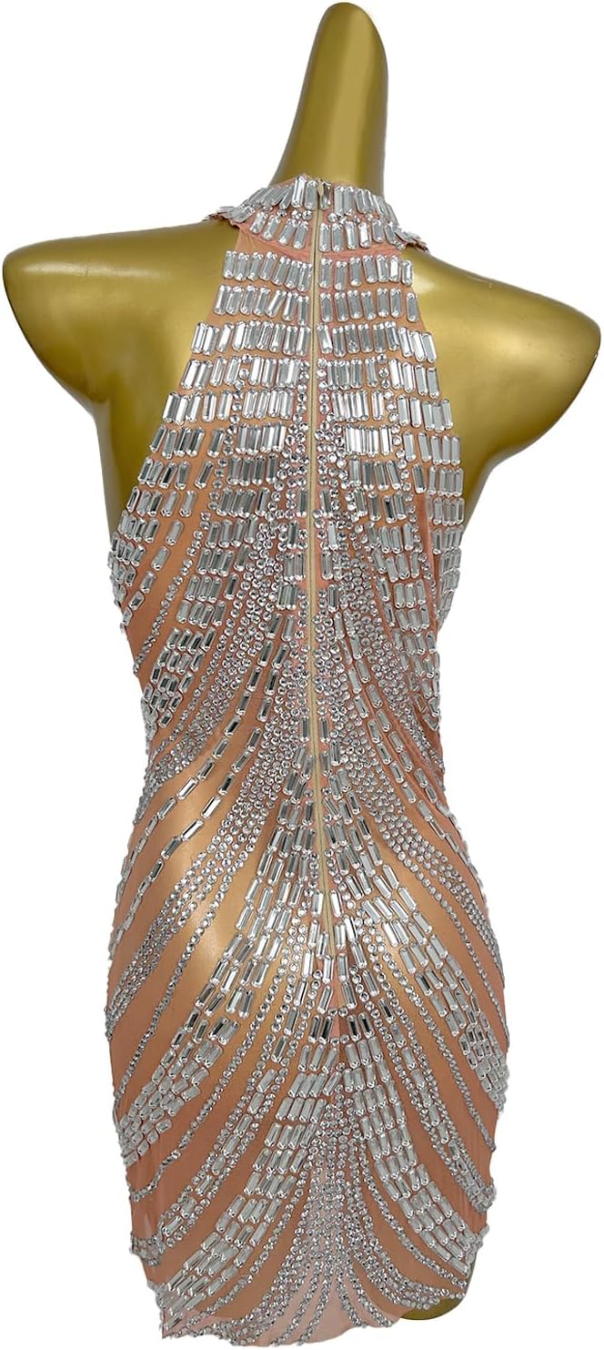 Women Rhinestones Short Prom Dress Nightclub Dancer Party Gowms Stage Performance Costume