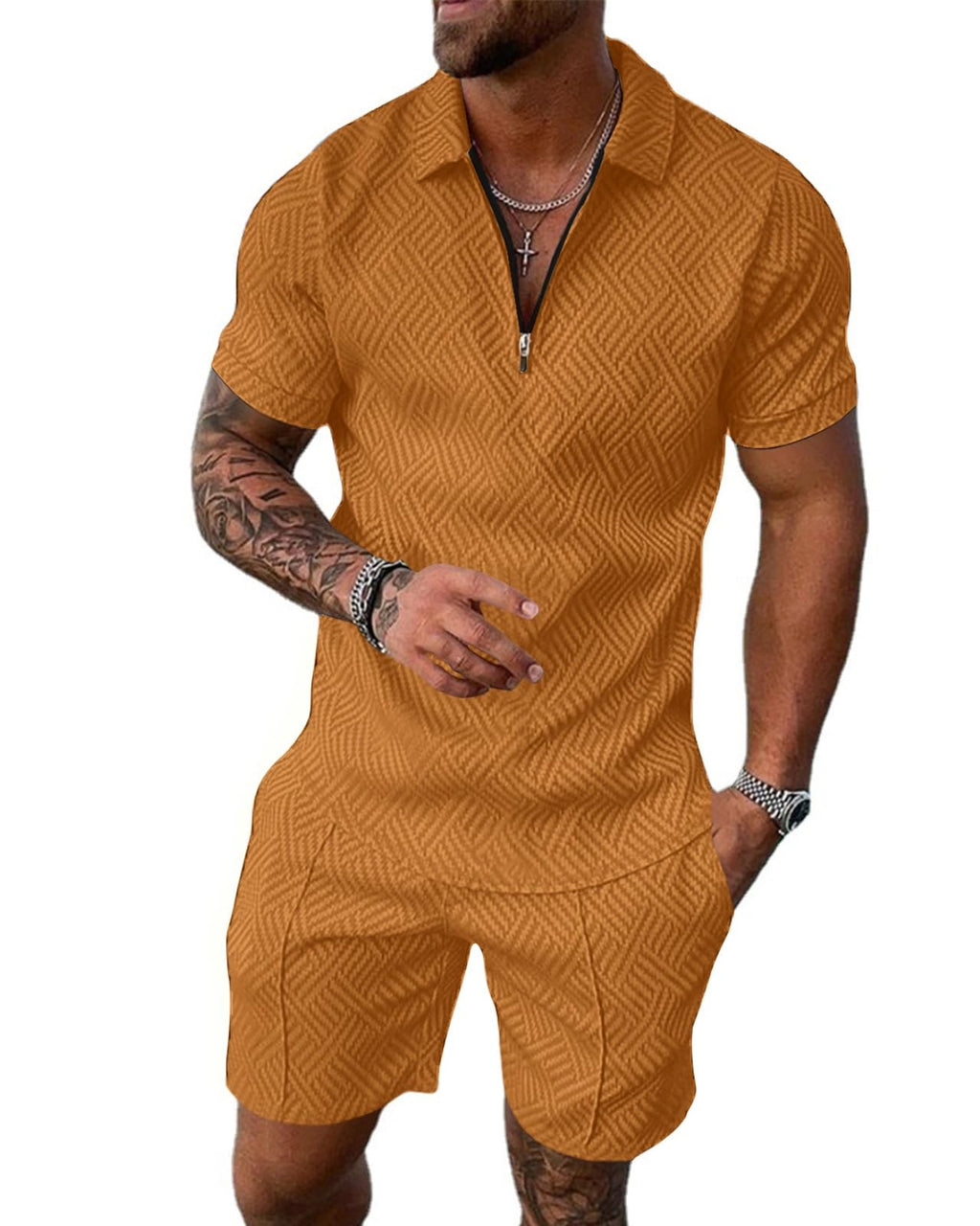 Aulemen Mens 2 Piece Zip Tracksuit Short Sleeve Set Summer Outfits for Men | Polo Shirt and Shorts Sets Activewear Short Set