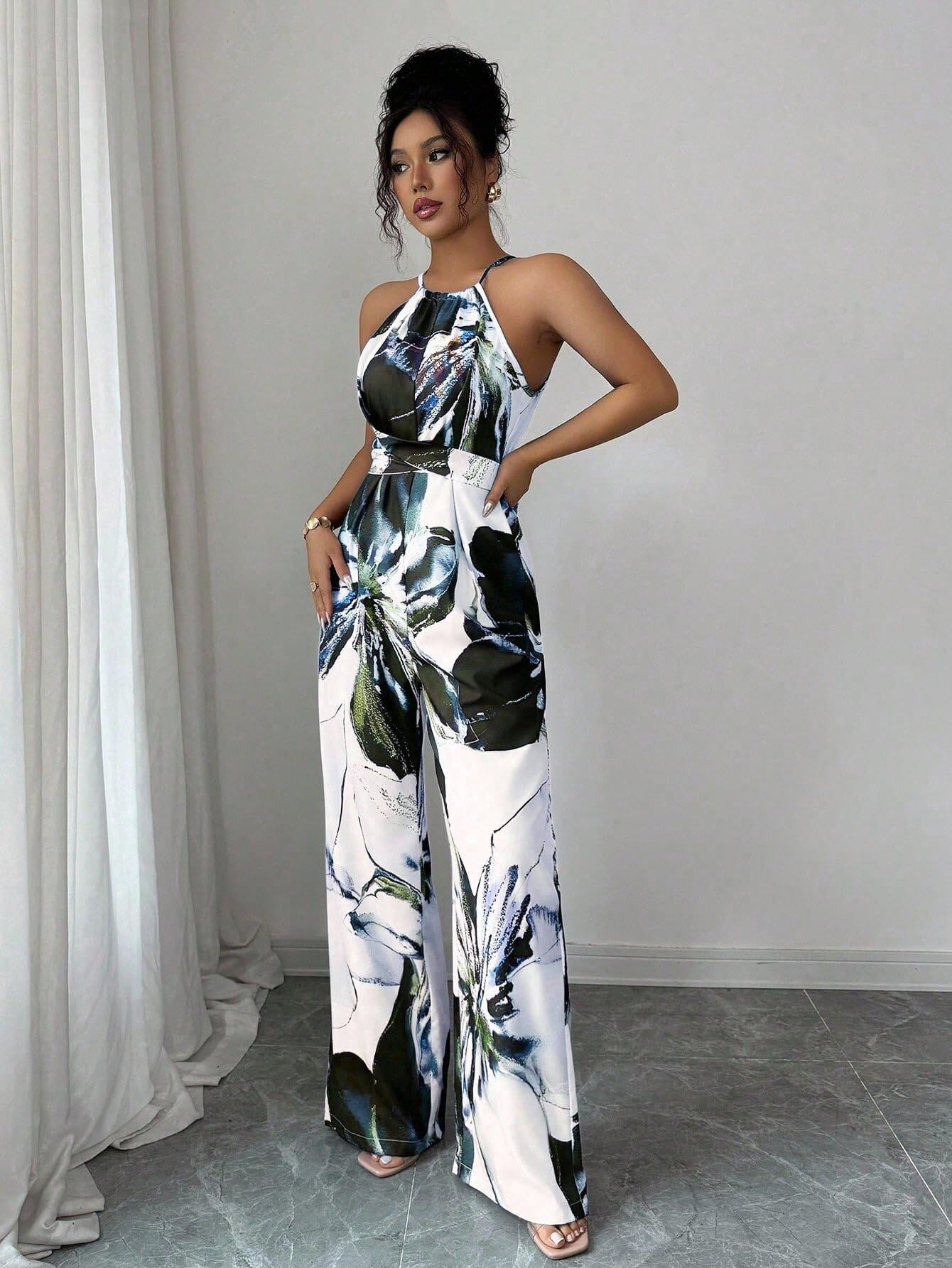 Lounge Print Jumpsuit For Women Sleeveless Halter Neck Wide Leg Pants One Piece Outfit Fashion Street Going Out Set