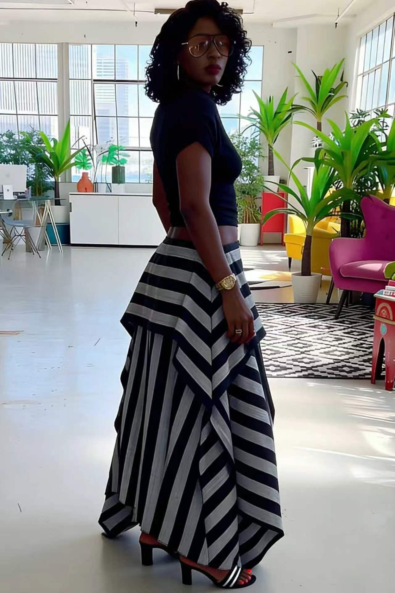 THLAI Skirts for Women Striped Print Patchwork Ruffle Hem Flowy Long Maxi Skirt High Waist Casual Vacation Streetwear