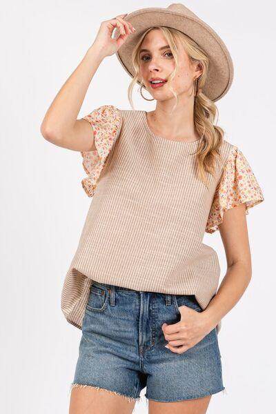 Ces Femme Round Neck Floral Short Sleeve Top for Women
