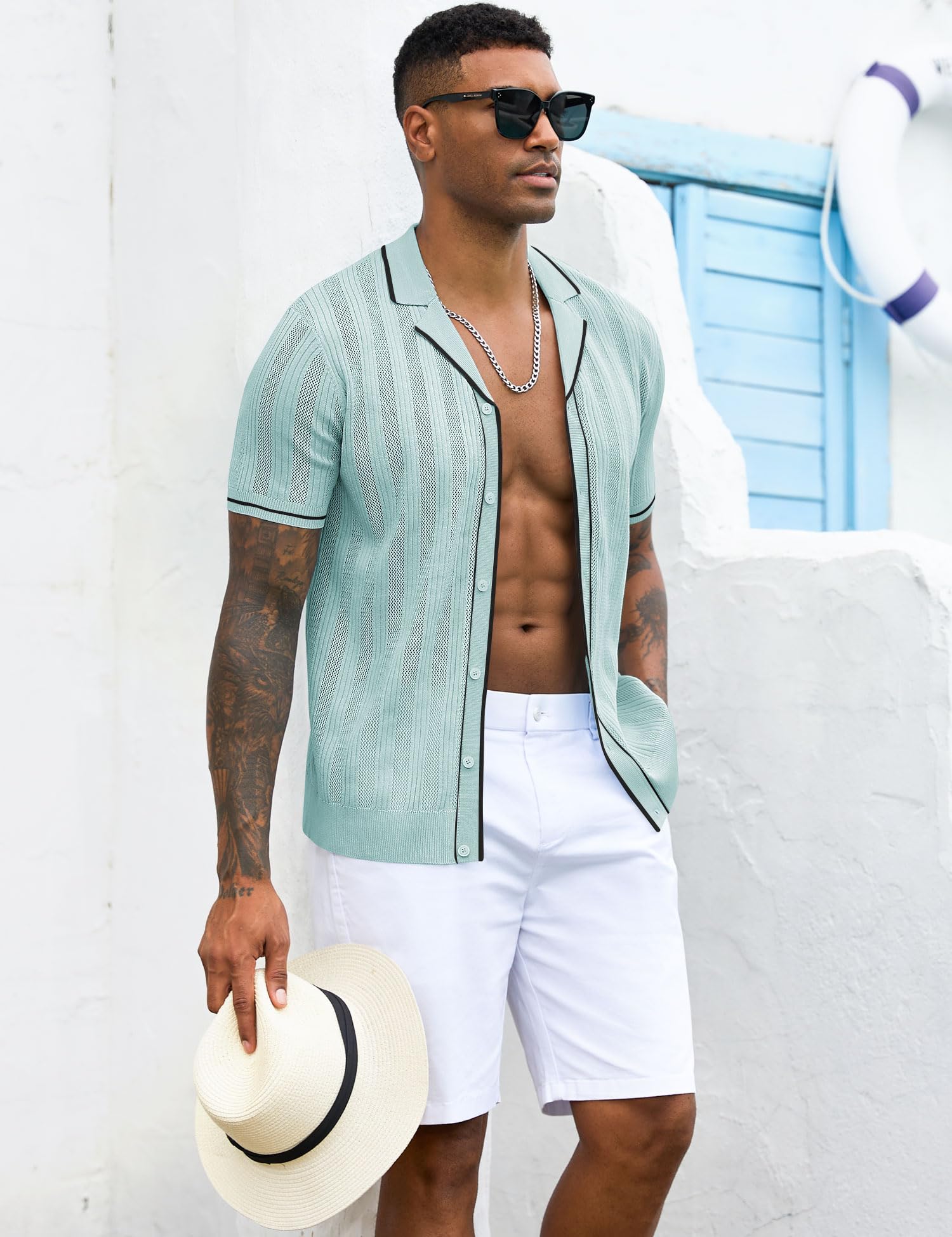 Men's Knit Button Down Shirt Short Sleeve Vintage Knitted Striped Summer Beach Tops S-XXL