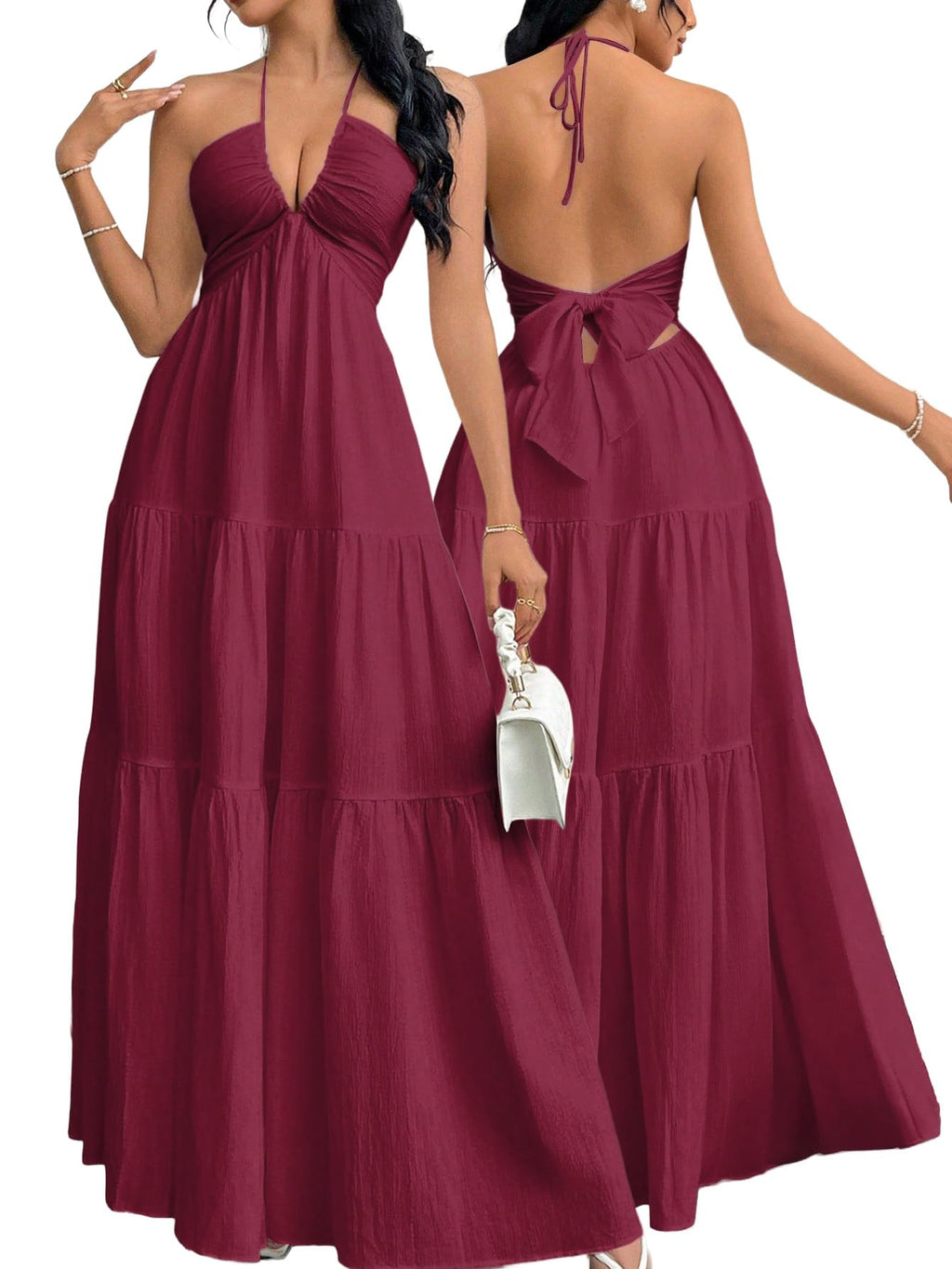 Narecte Women's Maxi Summer Dresses Halter V Neck Beach Dresses for Women A-Line Casual Dress for Vacation