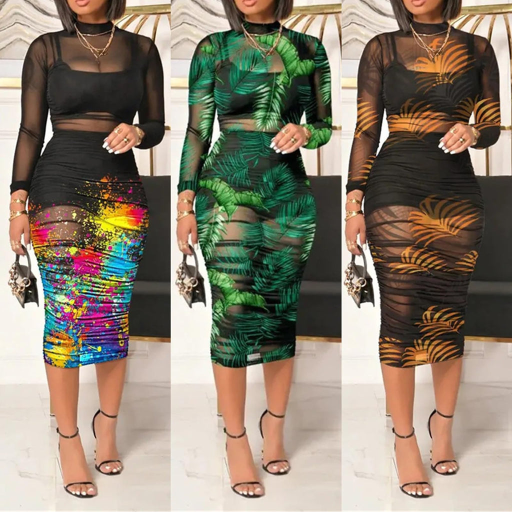 Women Sexy See Through Sheer Mesh Bodycon Midi Dress Long Sleeve Skirt 3 Piece Outfits Set Floral Print Cover Up