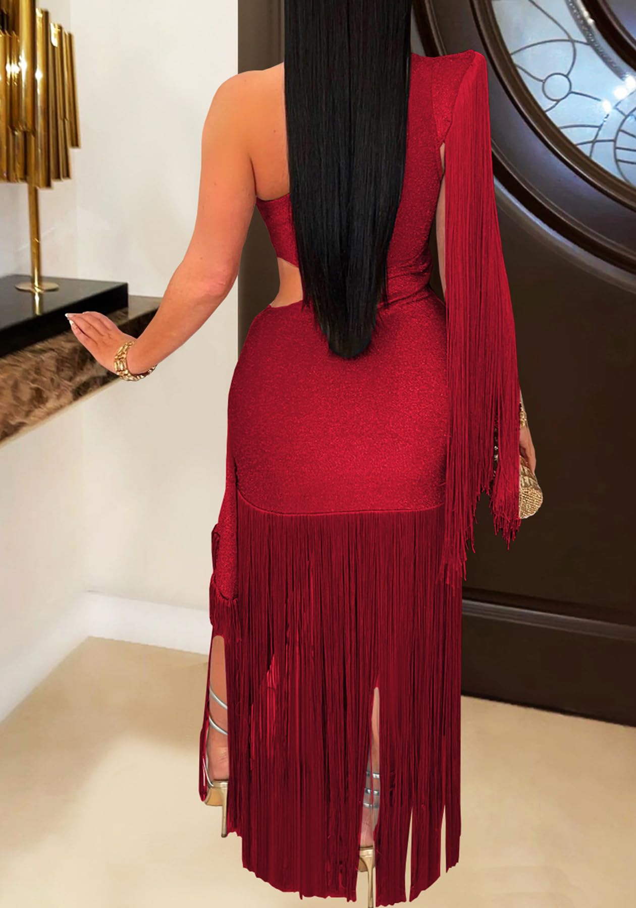 Geulis Women Wedding Guest Dresses Elegant One Shlouder Fringe Dress | Sexy Bodycon Maxi Dress,Cutout off the Shoulder Cocktail Evening Party Formal Dress,Sparkly Glitter,With Tassels