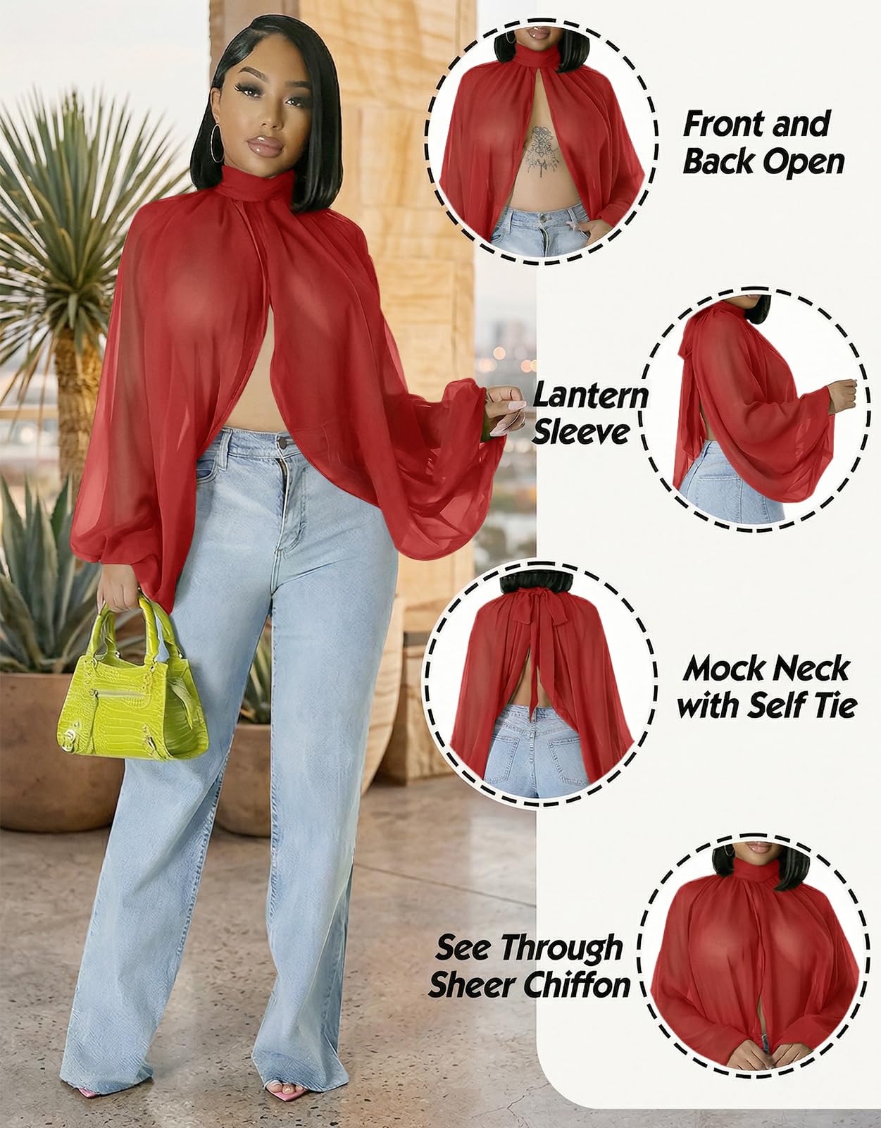 acelyn Women's Sexy See Through Chiffon Sheer Blouses Tops | Lantern Sleeve, Front Back Open, High Neck, Self Tie, Shawl Casual Shirts,Blouses Tops