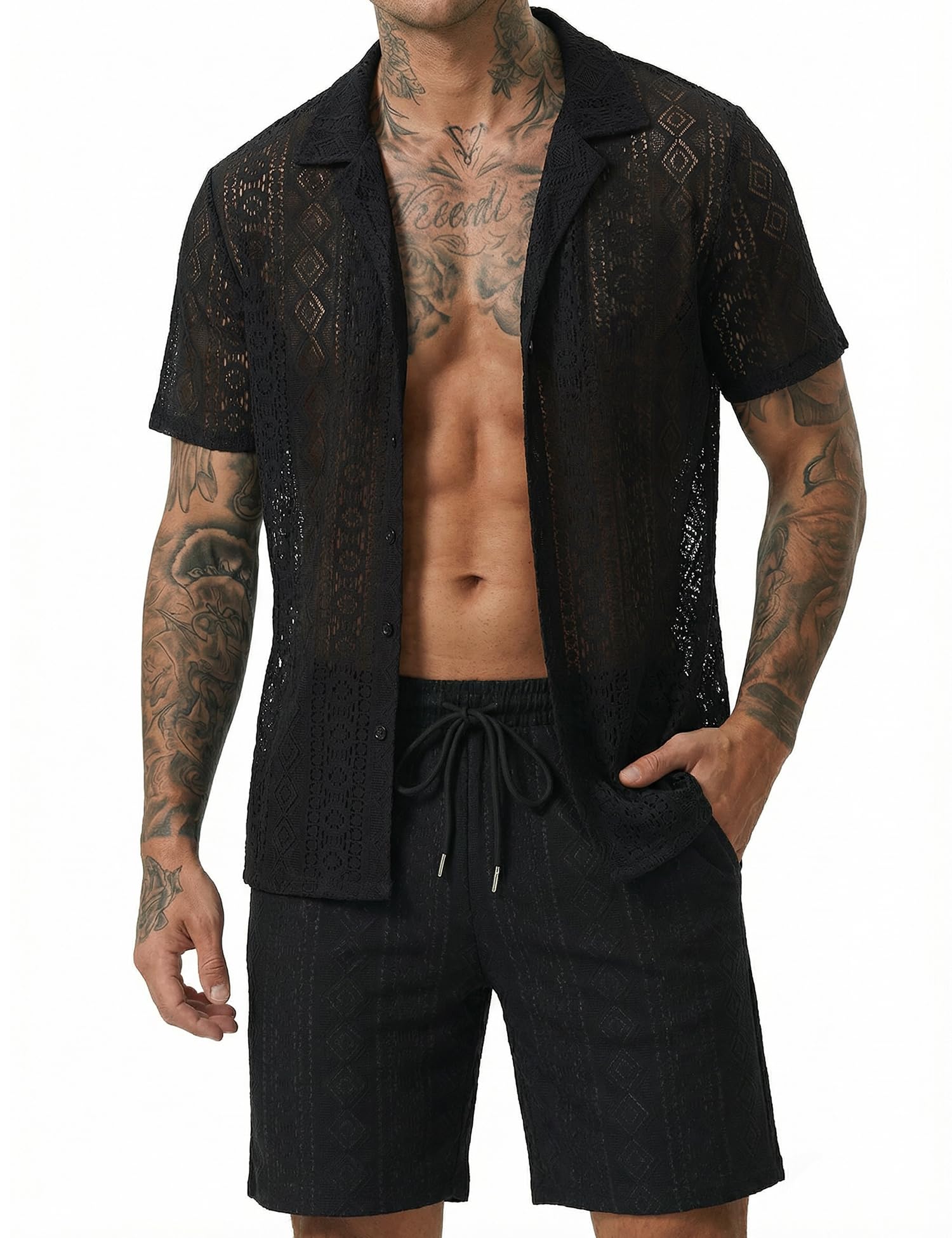 Men 2 Piece Shorts Set Sexy Lace Mesh Sheer Short Sleeve Summer Rave Outfit
