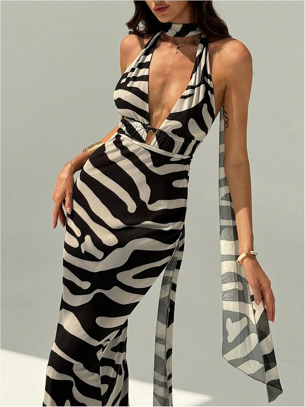 OYOANGLE Women's Zebra Striped Backless Maxi Dress Deep V Neck Halter Dress | Zebra Print, Striped, Backless, Maxi Dresses, Deep V Neck, Halter, Fishtail Dress with Scarf