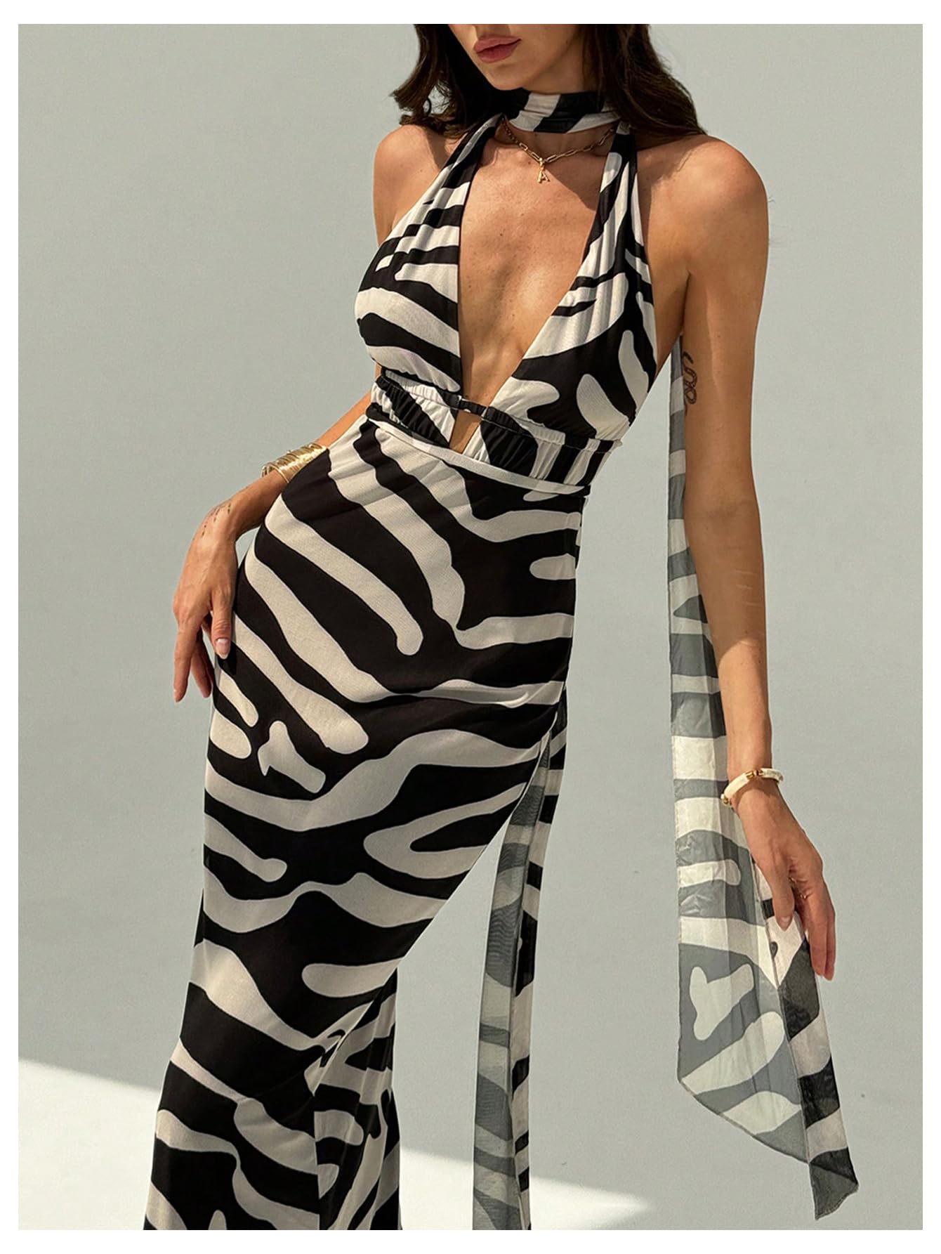 OYOANGLE Women's Zebra Striped Backless Maxi Dress Deep V Neck Halter Dress | Zebra Print, Striped, Backless, Maxi Dresses, Deep V Neck, Halter, Fishtail Dress with Scarf