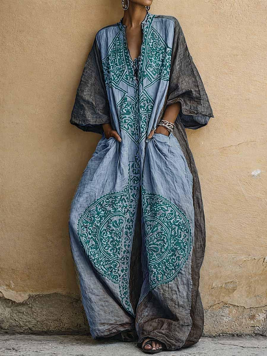 Women Plus Size Boho Wide Leg Jumpsuit Vintage Ethnic Print 3/4 Sleeve V Neck Vacation Casual Jumpsuit With Pockets