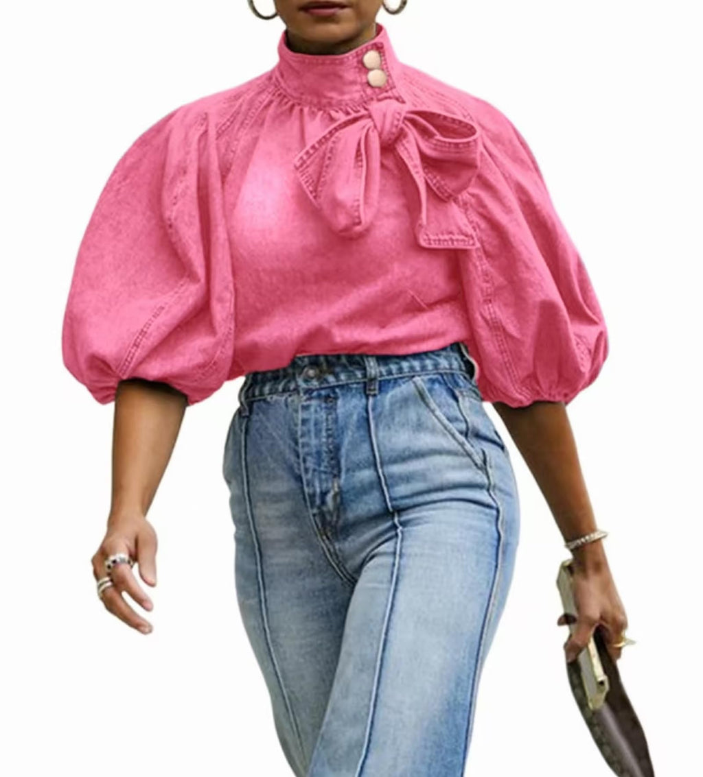 Women's Bow Design Denim Pullover Top Button Up High Neck Fashionable Jacket with Elastic and Puff Sleeves