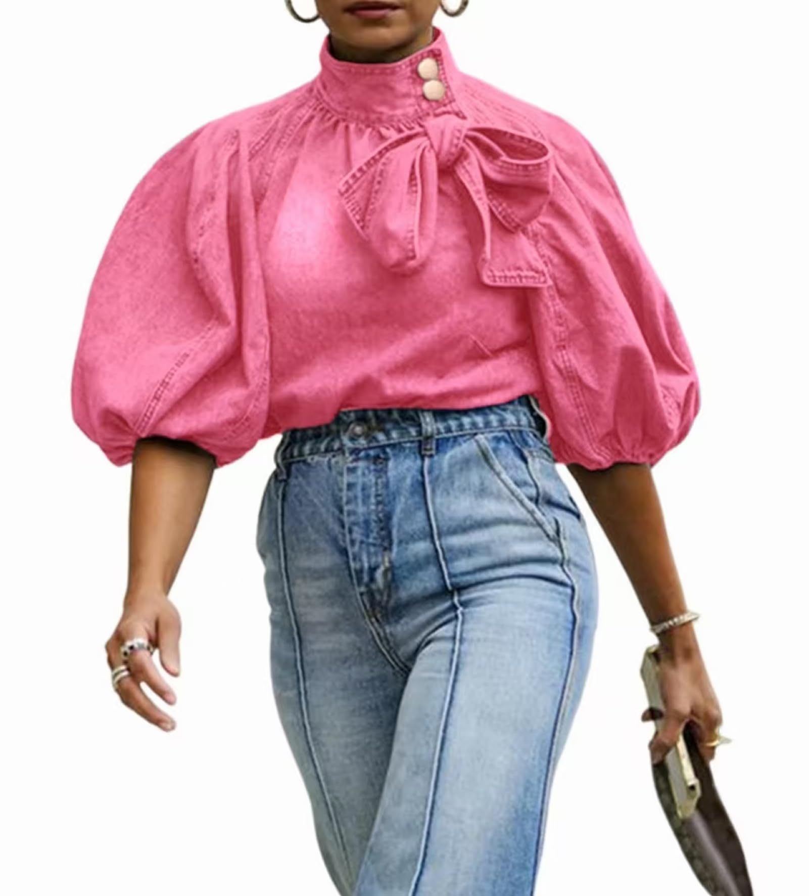 Women's Bow Design Denim Pullover Top Button Up High Neck Fashionable Jacket with Elastic and Puff Sleeves