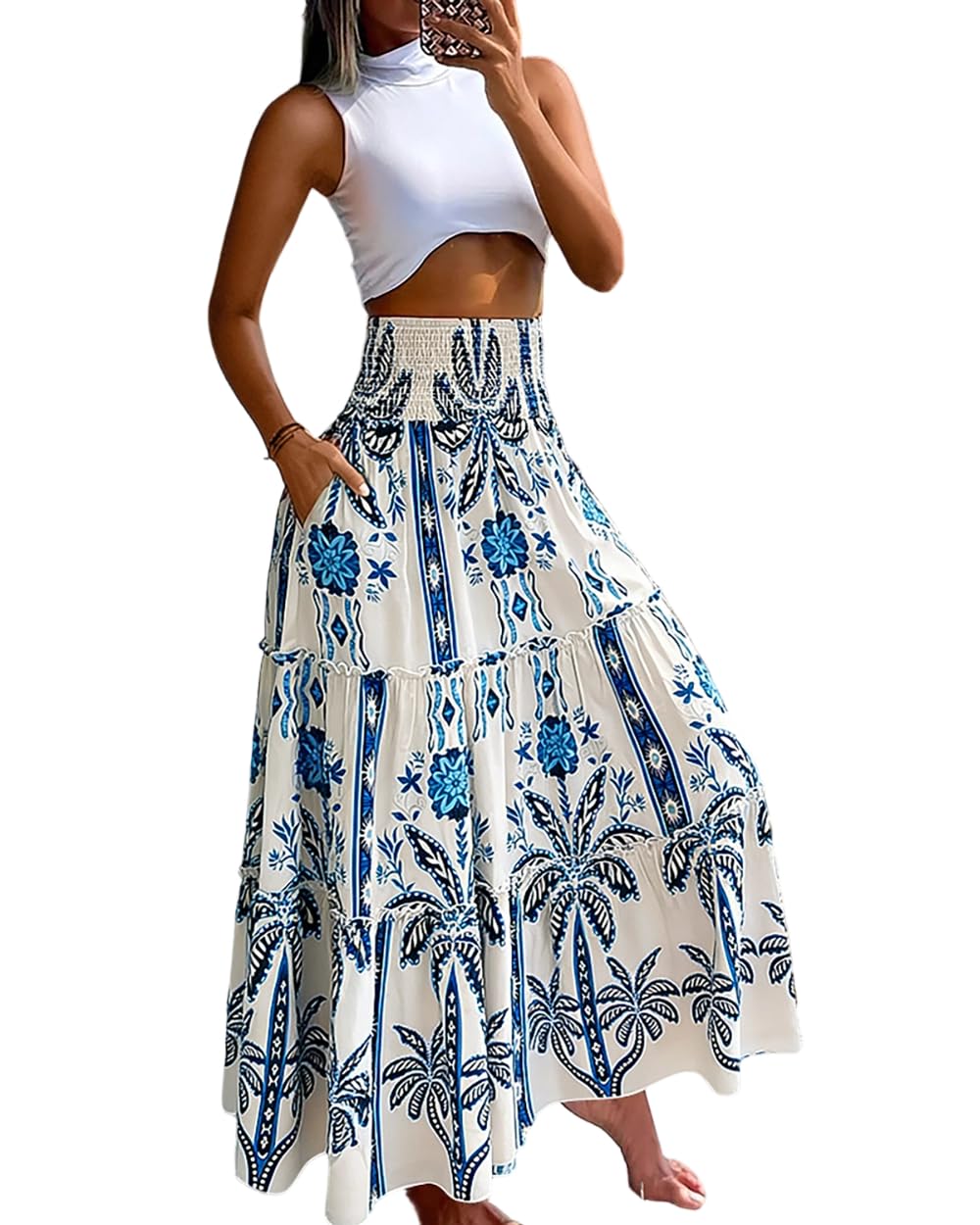 CHICME Women's Boho Floral Summer Maxi Skirt with Pockets Vacation Outfit | Shirred High Waist, Ruffle Hem, Lightweight Comfortable Fabric, A-Line Long Flowy Skirt for Beach, Travel & Daily Wear