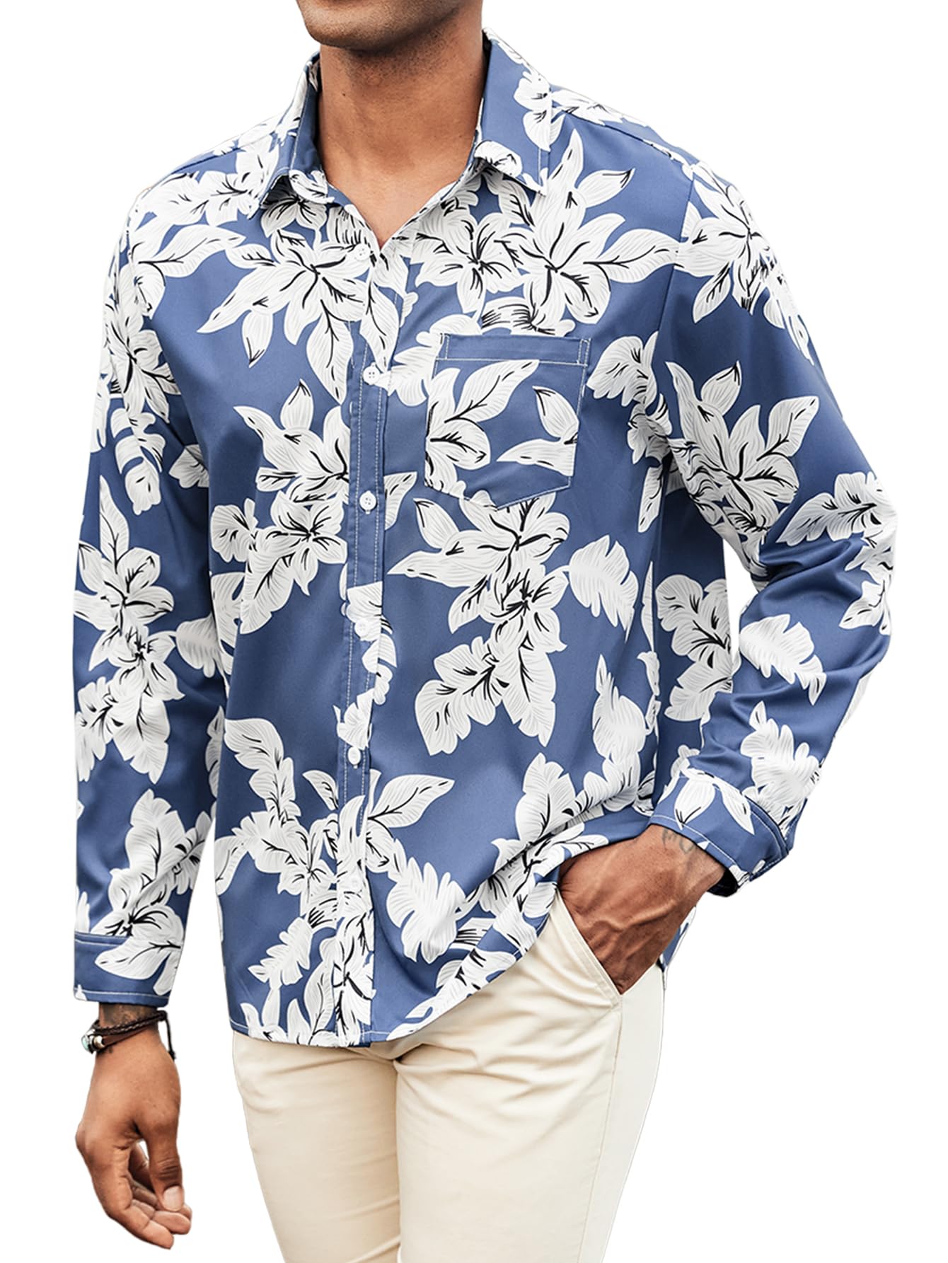 Hardaddy Men's Tropical Floral Button Down Long Sleeve Hawaiian Shirt Flower Printed Beach Shirts