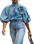 Women's Bow Design Denim Pullover Top Button Up High Neck Fashionable Jacket with Elastic and Puff Sleeves
