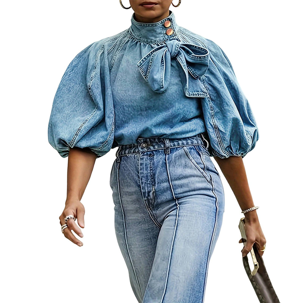 Women's Bow Design Denim Pullover Top Button Up High Neck Fashionable Jacket with Elastic and Puff Sleeves