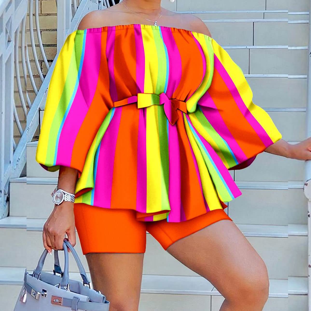 2 Piece Outfits for Women Sexy Off Shoulder Long Sleeve Plus Size Tops High Waisted Bodycon Shorts Set