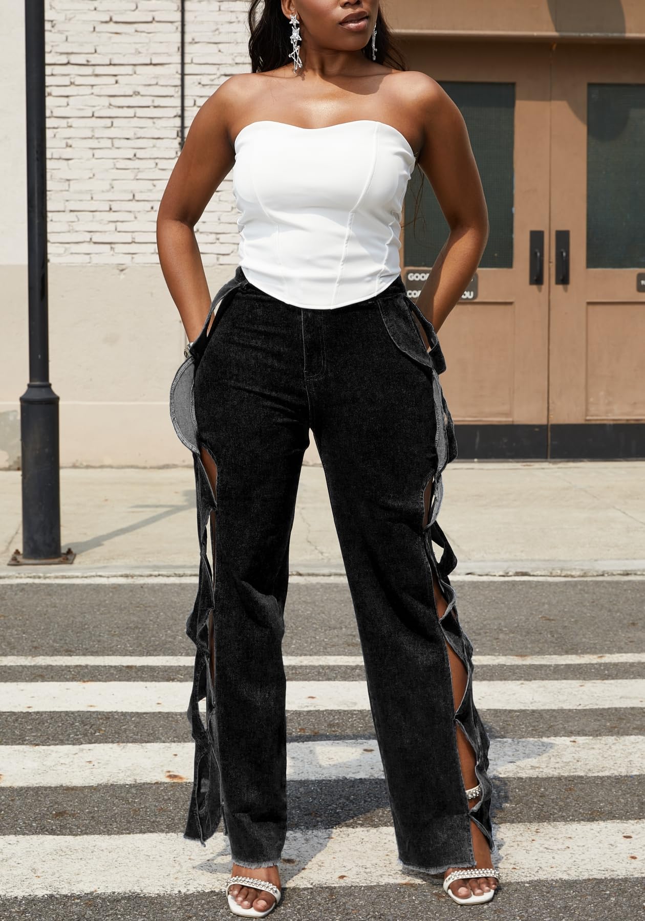 Vaceky Women's Twist Cutout Wide Leg Jeans Lightweight Denim Pant | Modern Patchwork Detail for Brunch, City Outings & Weekend Looks
