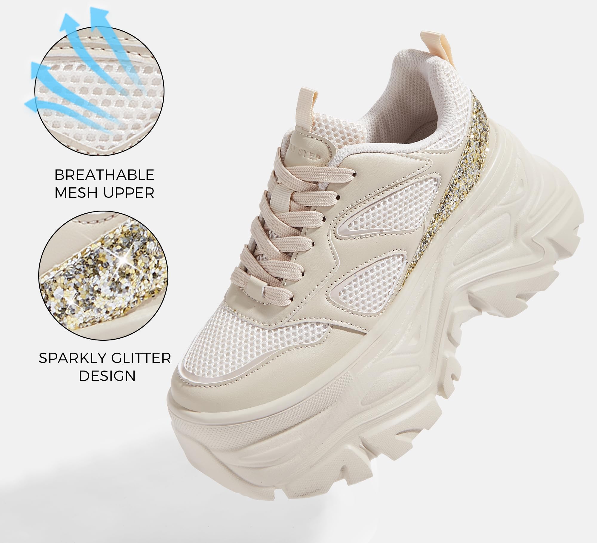 LUCKY STEP Women's Rhinestone Chunky Sneakers Breathable | Lightweight Running Non Slip Breathable Chunky