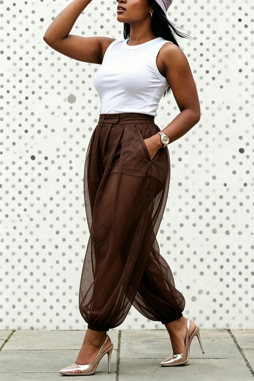 Molisry Women Sheer Mesh Pants Bubble Tulle Patchwork Pants Balloon Trouser | Loose Fit Cover Up Trousers,Built In Shorts Lining