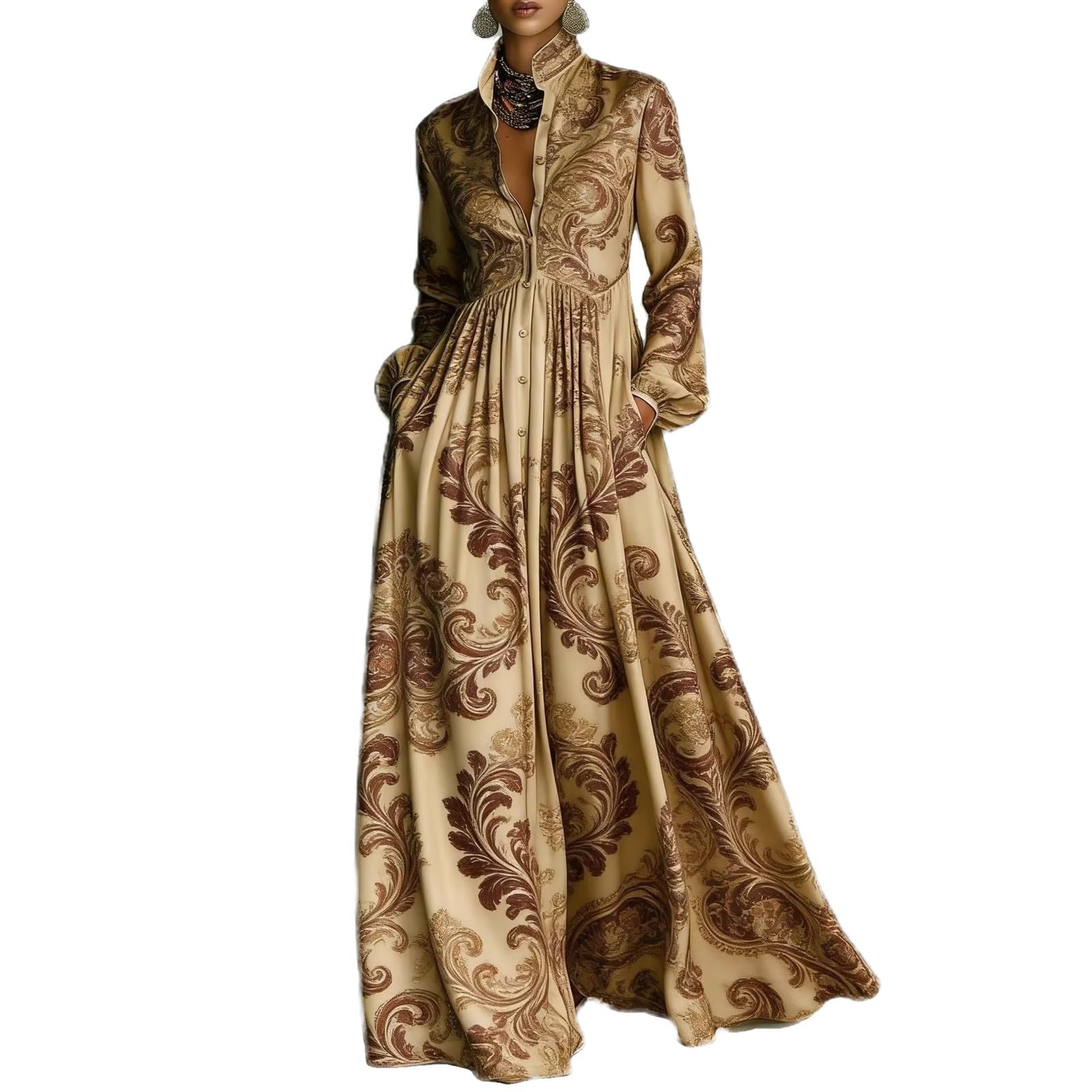 Women Maxi Dress Stand Collar Button Front Pocket Beach Vacation Casual | Flowy maxi dress stand collar, button front, functional pockets, long lantern sleeves, A-line skirt, beach vacation daily