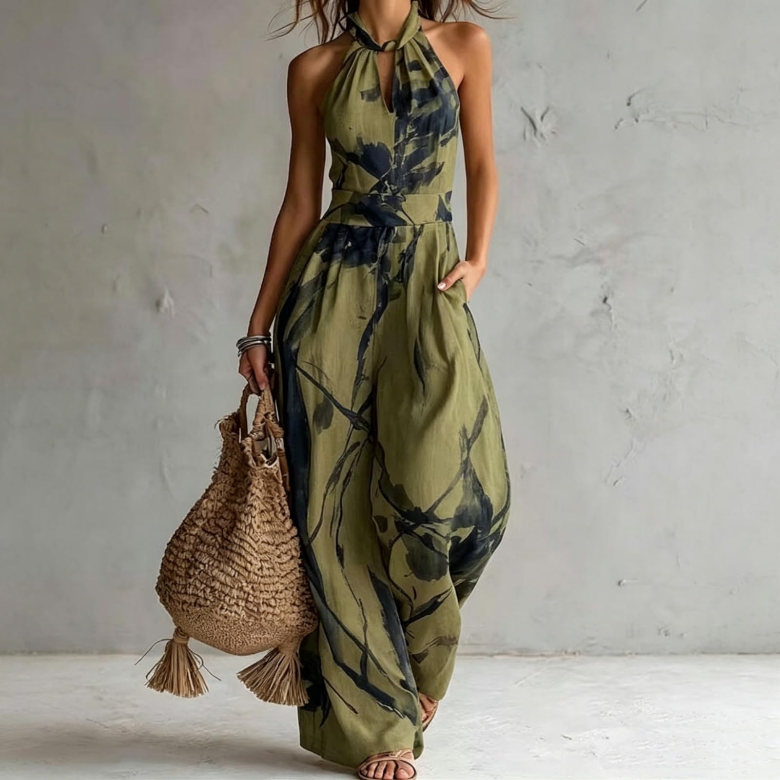 Backless Rompers for Women Casual Ink Printed Sleeveless High Waist Wide Leg Jumpsuit Sexy Halter Boho Vacation Party Outfits