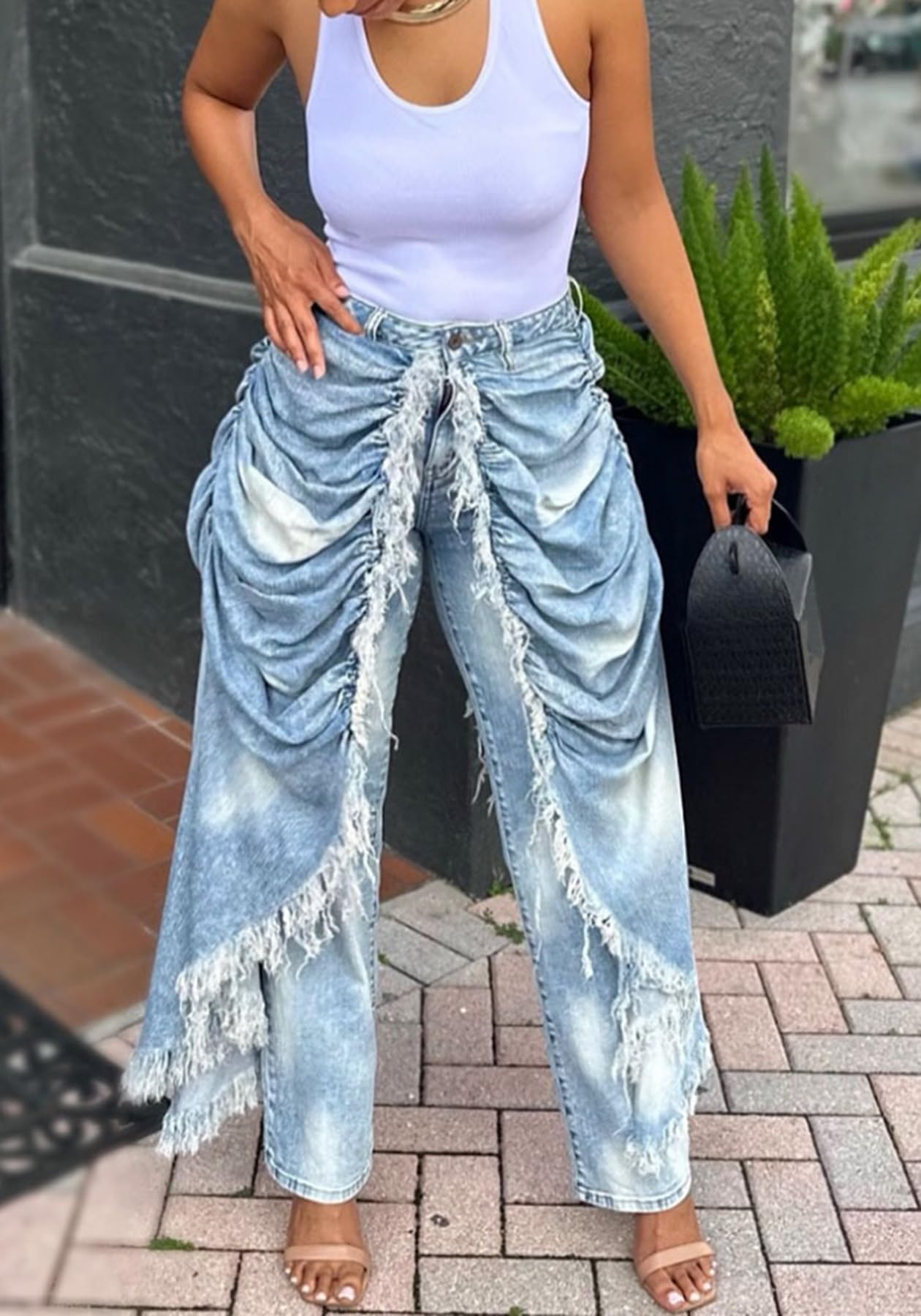 LETSVDO Women's High Waisted Patchwork Jeans Baggy Wide Leg Frayed Fringe Ruched Cargo Harem Hippie Flowy Denim Pants