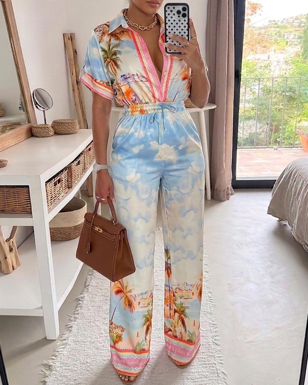 CHICME Womens Jumpsuit Boho Floral Wide Leg Vacation Outfit | Long Pant Rompers with Pockets,Roll Up Short Sleeve,Button Front,Drawstring High Waist,One Piece,Casual,Summer Beach