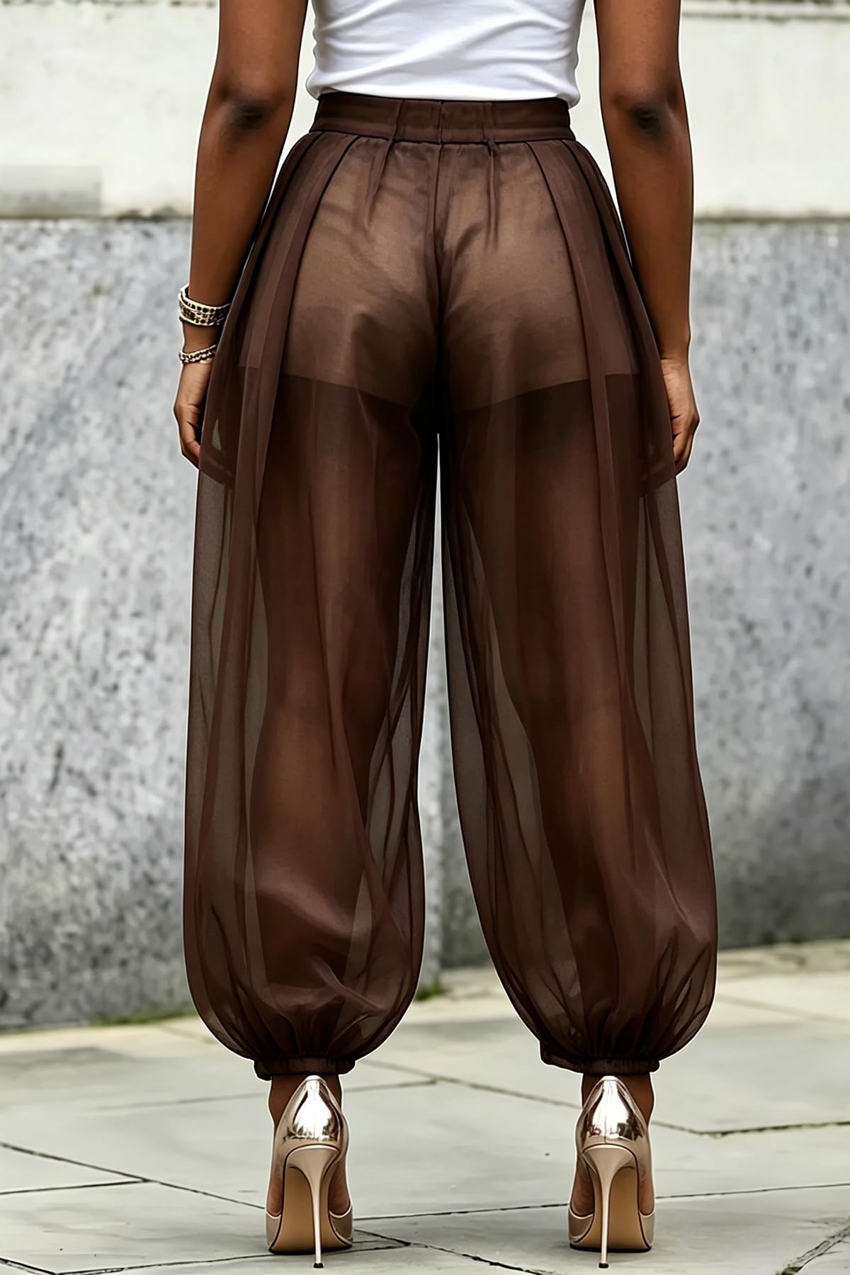 Molisry Women Sheer Mesh Pants Bubble Tulle Patchwork Pants Balloon Trouser | Loose Fit Cover Up Trousers,Built In Shorts Lining