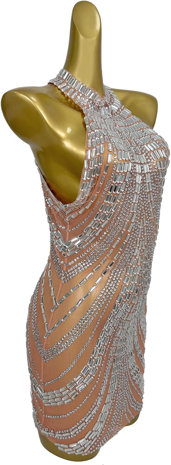Women Rhinestones Short Prom Dress Nightclub Dancer Party Gowms Stage Performance Costume