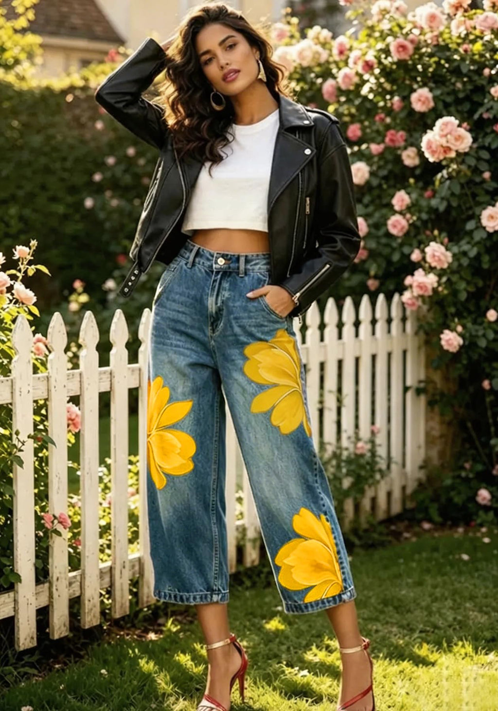 Unybwonn Women Barrel Capri Jeans Floral Wide Leg Cropped Cargo Denim Pants | High Waist,Flower Print,Distressed