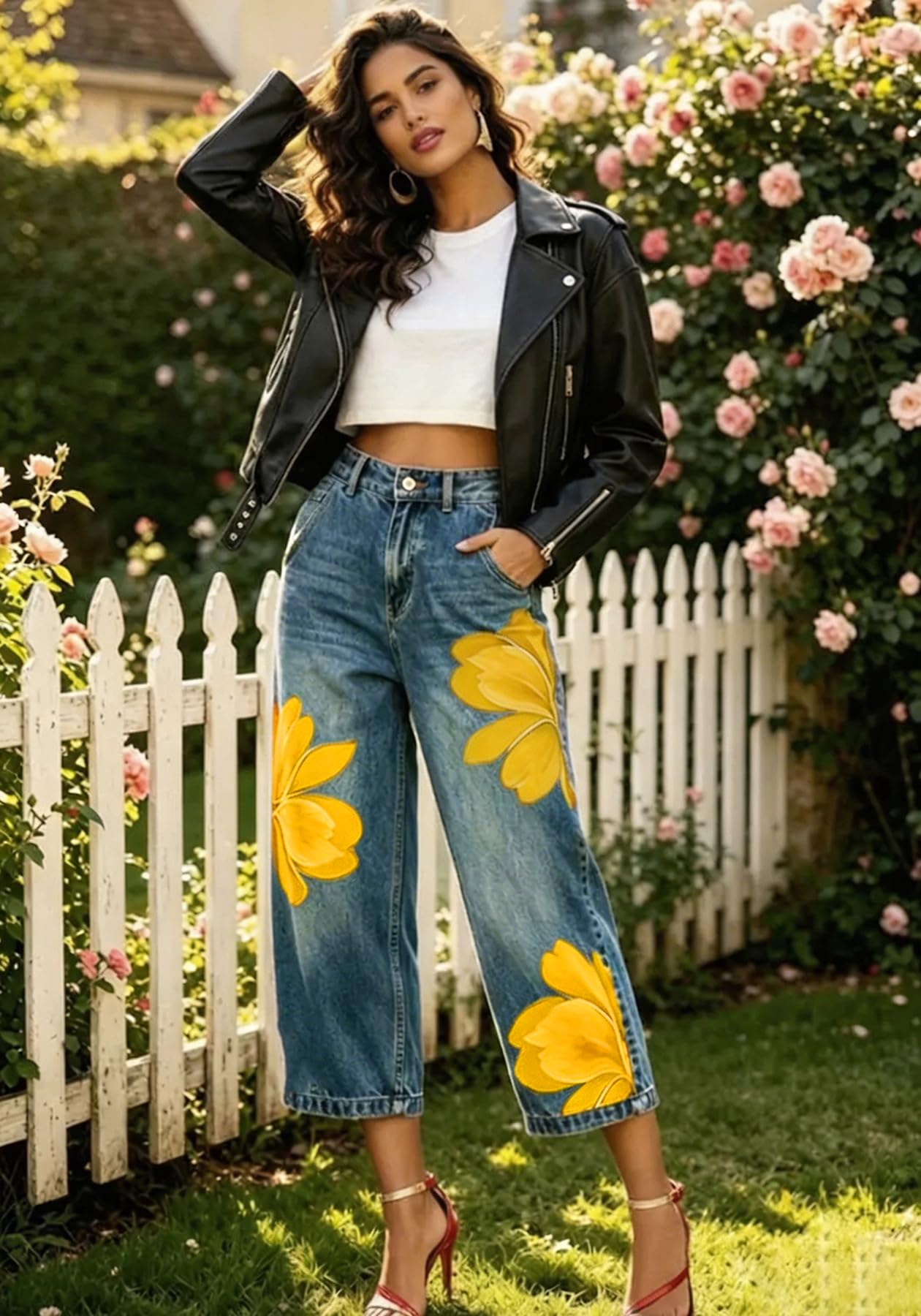 Unybwonn Women Barrel Capri Jeans Floral Wide Leg Cropped Cargo Denim Pants | High Waist,Flower Print,Distressed