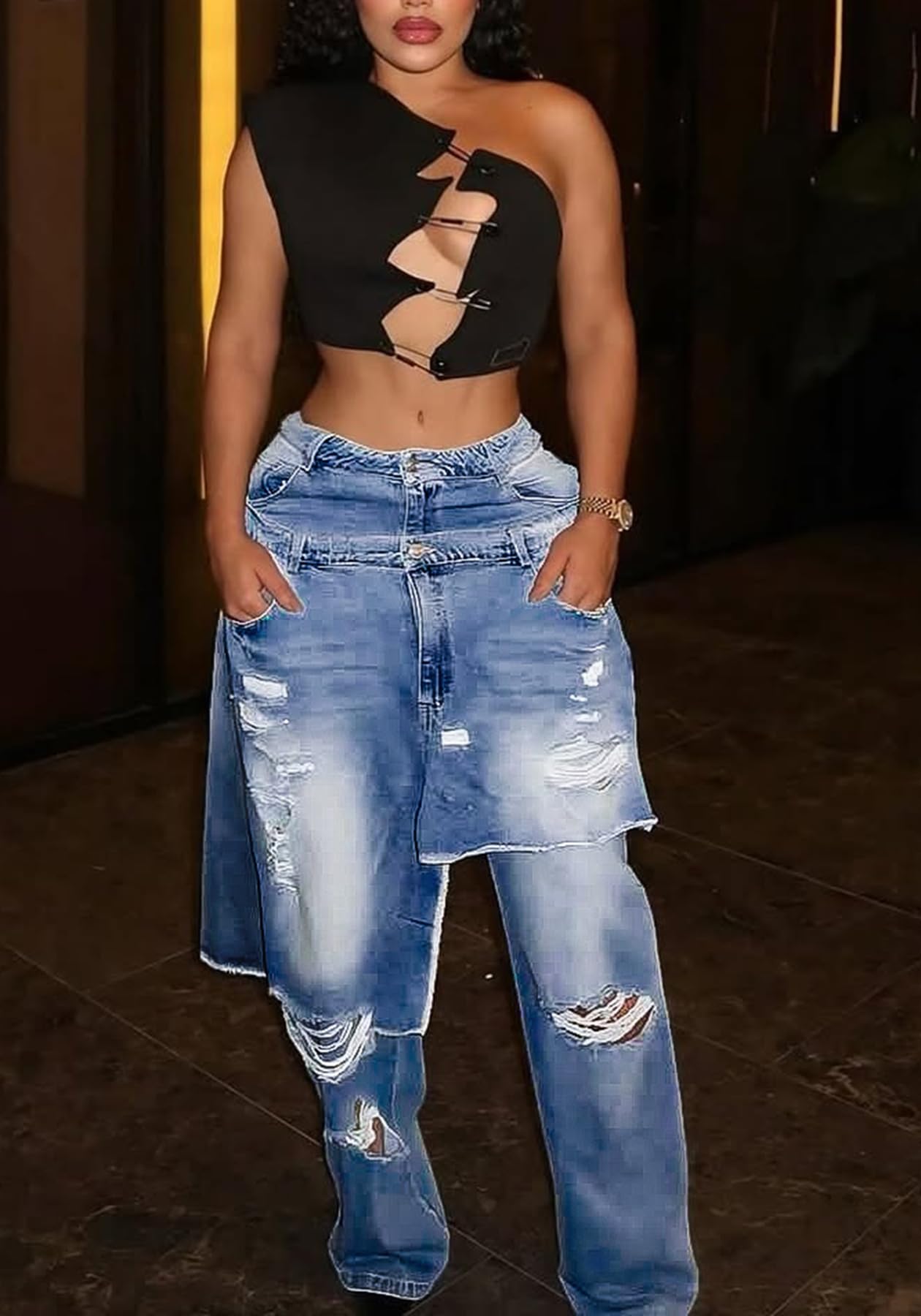 Womens Ripped Distressed Jeans Baggy Wide Leg Patchwork Denim Pants | Vintage Y2K Jeans Women, High Waisted Denim With Relaxed Fit, Trendy Casual Streetwear Fashion