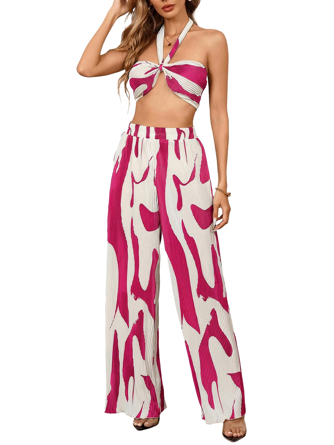 OYOANGLE Women's 2 Piece Graphic Halter Top Wide Leg Pants Vacation Outfits | Knitted, Sleeveless, Crop, High Waist, Beach Club, Summer Sets, Sexy Resort Wear